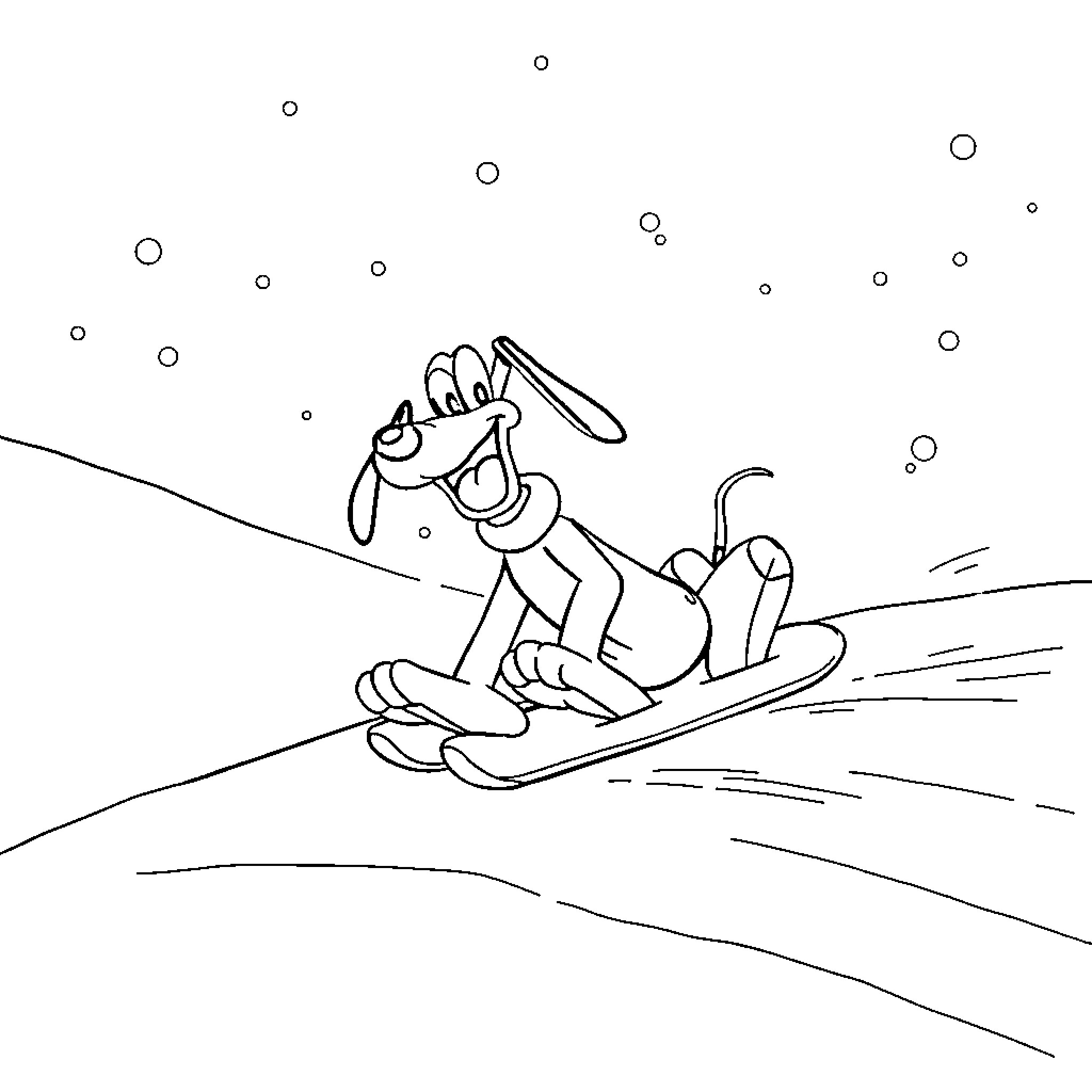 Pluto having fun on a snowy slope Coloring Page (free black-and-white line drawing printable PDF for all, from beginners to advanced learners, including children, teens, adults, and seniors)