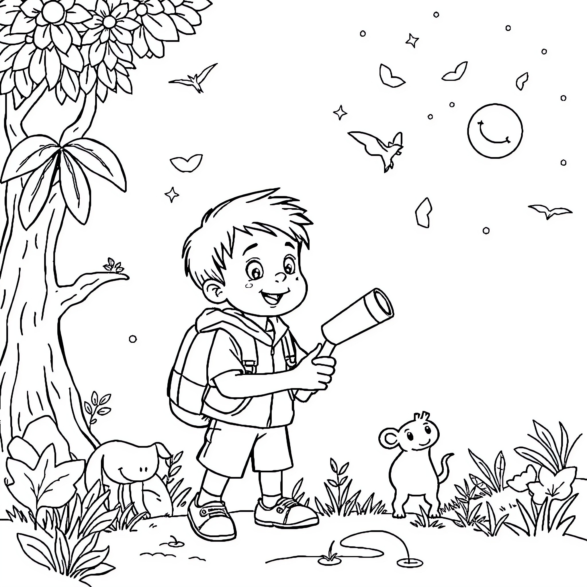 Boy Exploring Nature with Magnifying Glass Coloring Page (free black-and-white line drawing printable PDF for all, from beginners to advanced learners, including children, teens, adults, and seniors)