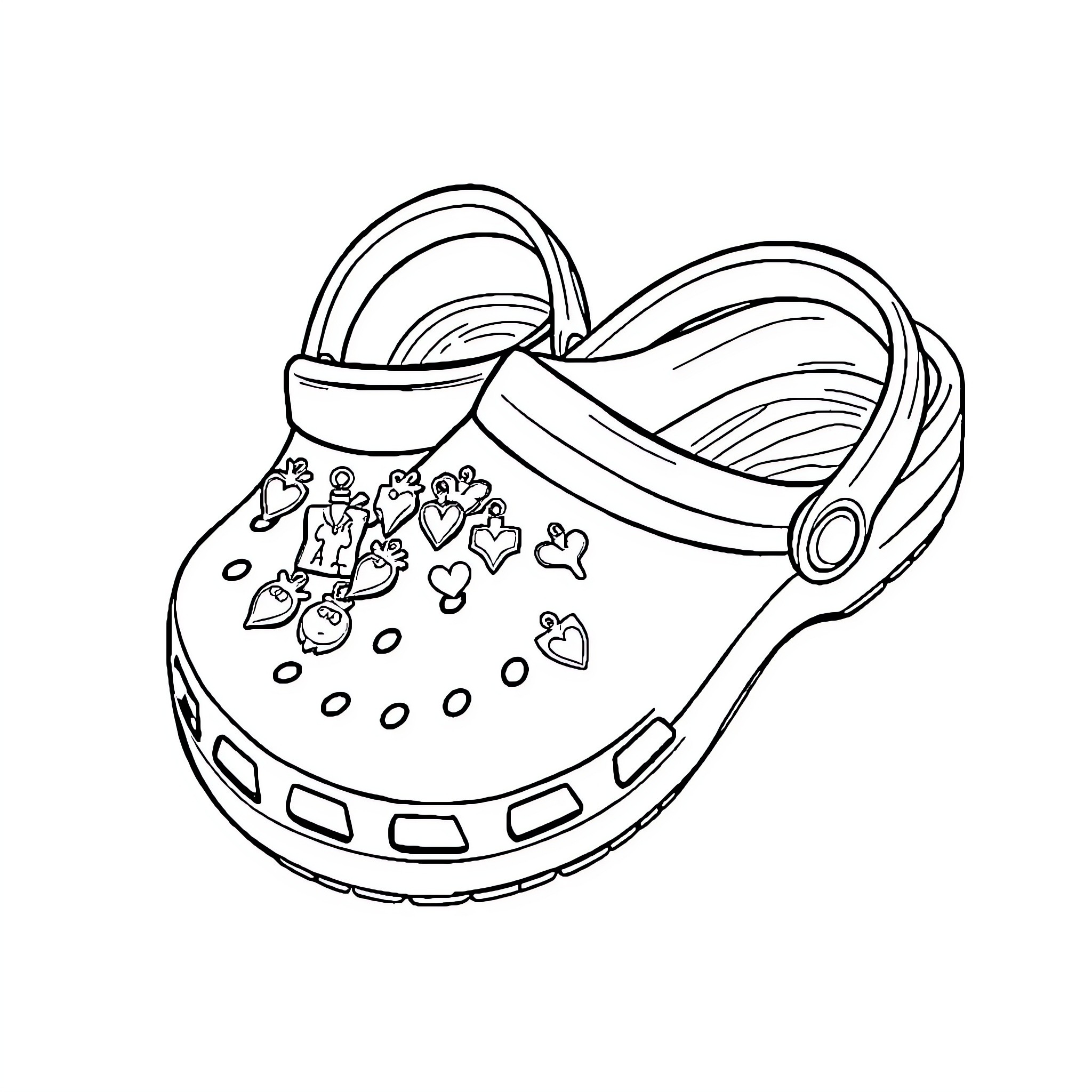 Crocs with playful heart-shaped patterns Coloring Page (free black-and-white line drawing printable PDF for all, from beginners to advanced learners, including children, teens, adults, and seniors)