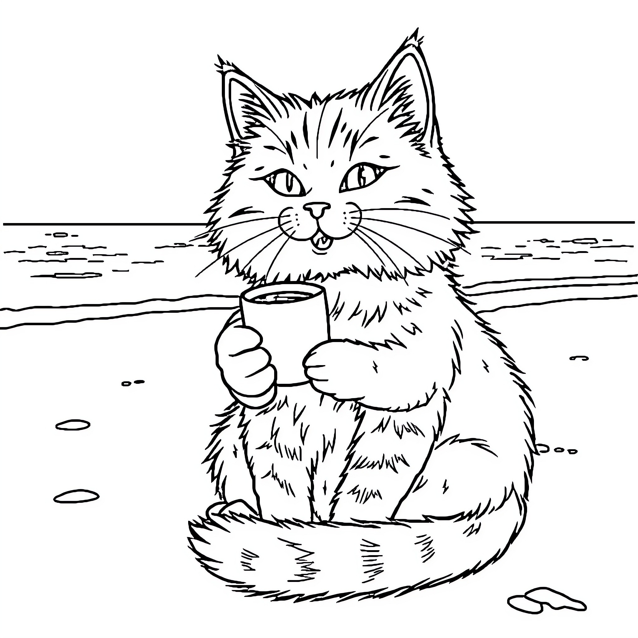 Cat enjoying a drink by the beach Coloring Page (free black-and-white line drawing printable PDF for all, from beginners to advanced learners, including children, teens, adults, and seniors)