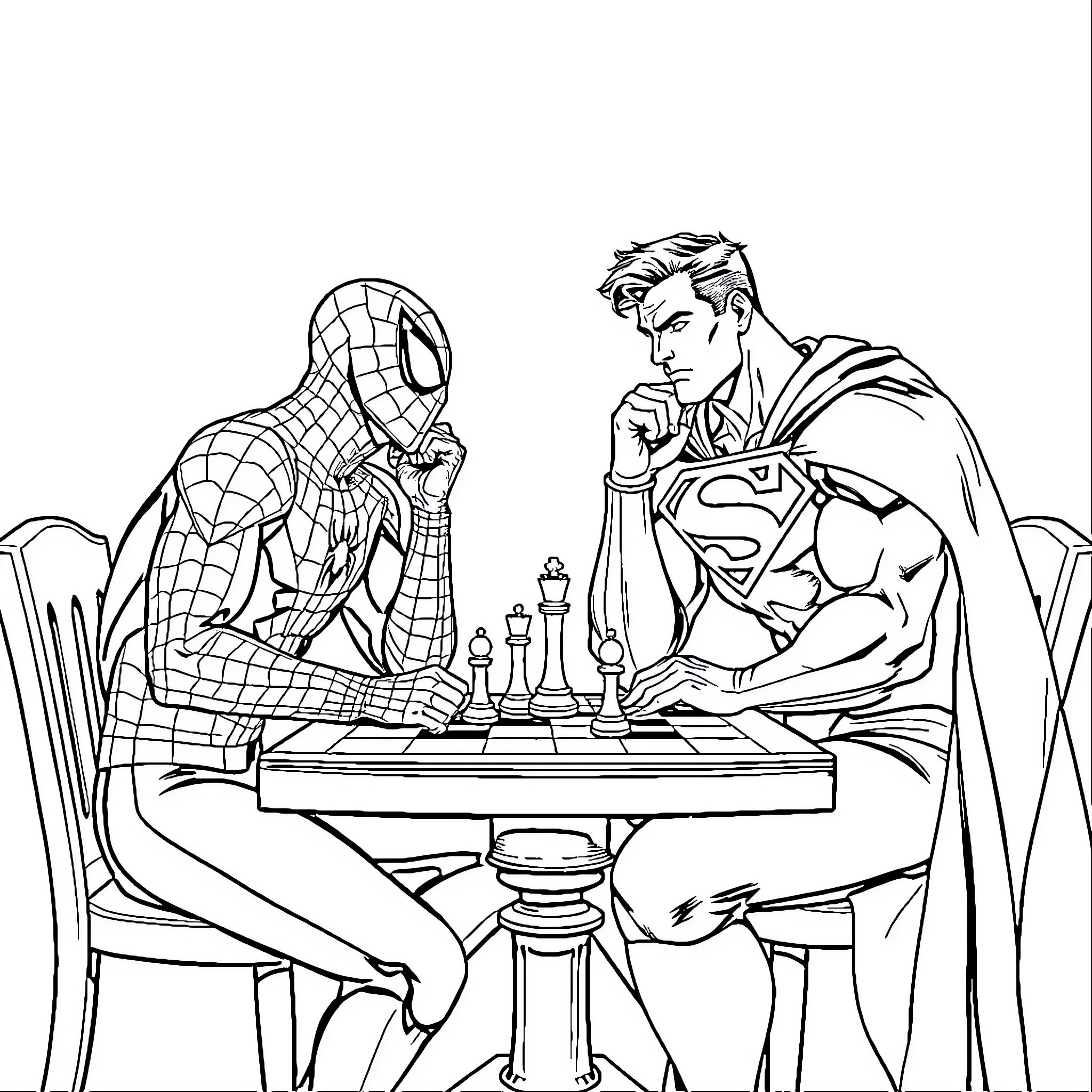 Spiderman and Superman playing chess together Coloring Page (free black-and-white line drawing printable PDF for all, from beginners to advanced learners, including children, teens, adults, and seniors)