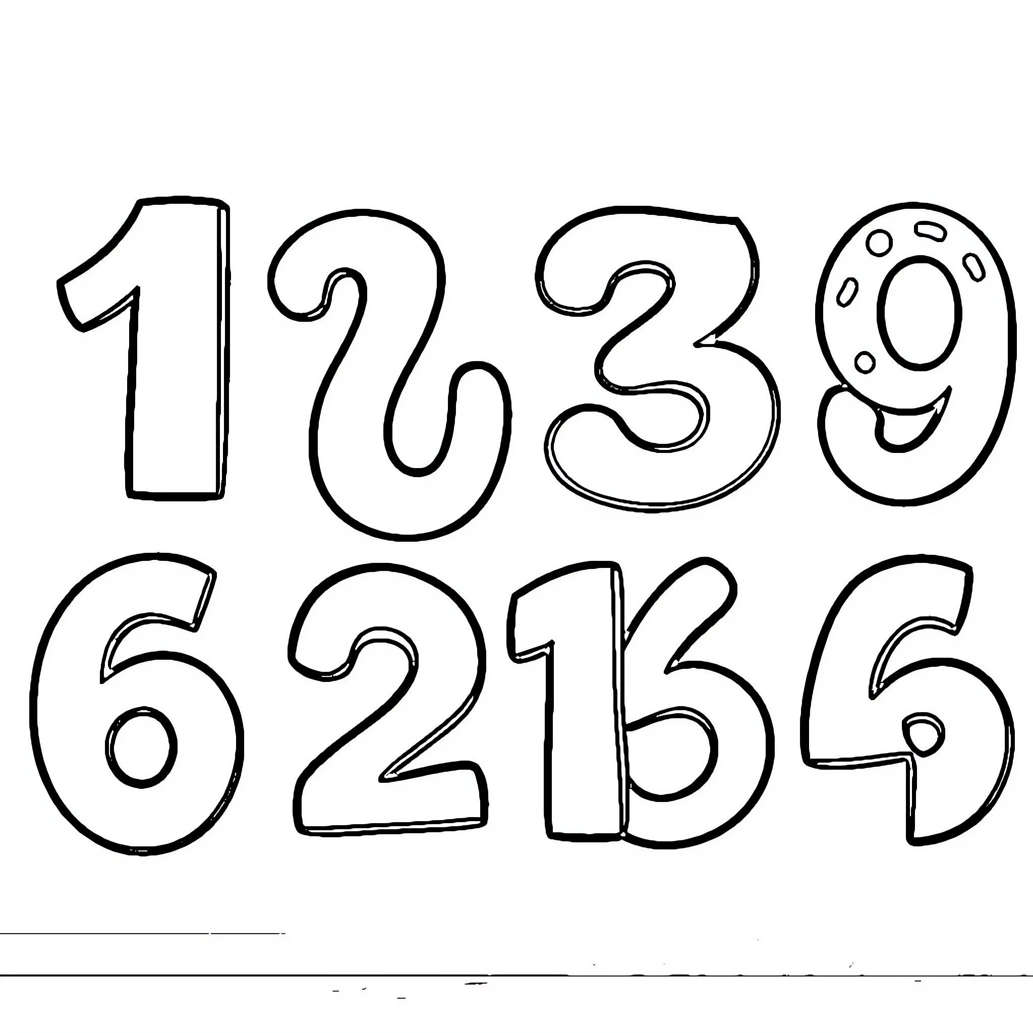 Number Sequence of Hand-drawn Numerals Coloring Page (free black-and-white line drawing printable PDF for all, from beginners to advanced learners, including children, teens, adults, and seniors)
