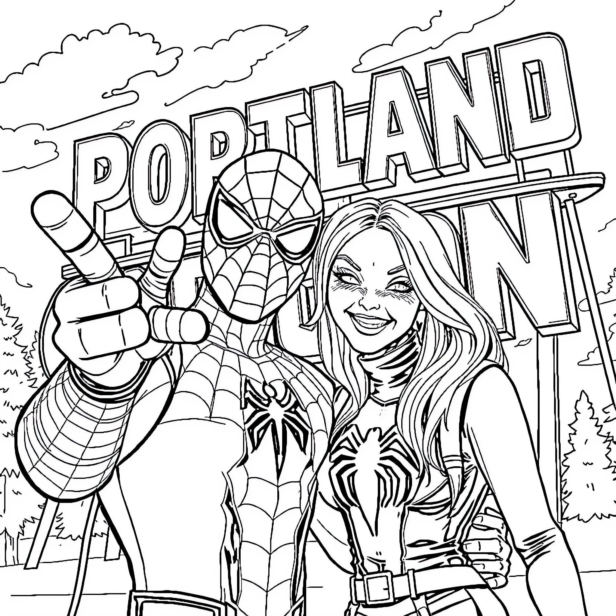 Spiderman and Female Hero Saving Portland Coloring Page (free black-and-white line drawing printable PDF for all, from beginners to advanced learners, including children, teens, adults, and seniors)