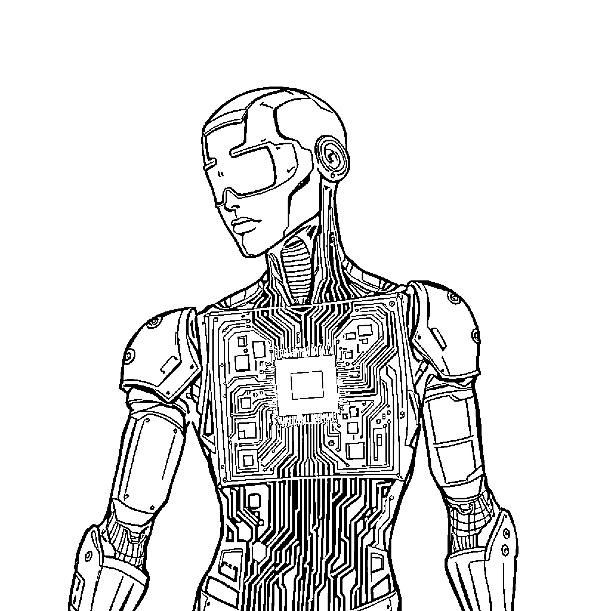Humanoid cyborg figure in reflective pose Coloring Page (free black-and-white line drawing printable PDF for all, from beginners to advanced learners, including children, teens, adults, and seniors)