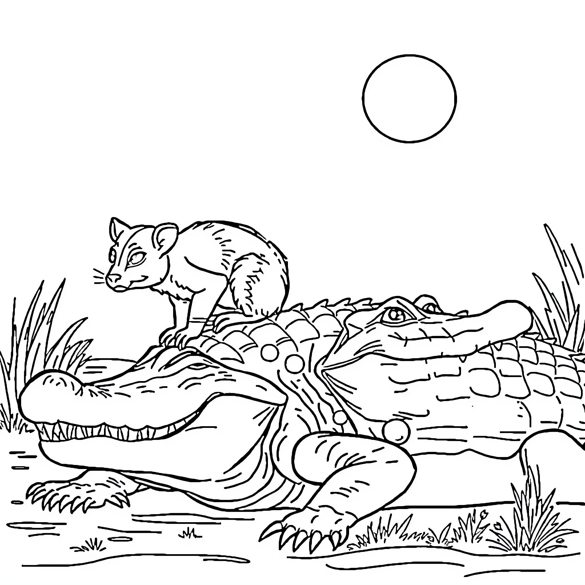 Opossum exploring a swampy habitat Coloring Page (free black-and-white line drawing printable PDF for all, from beginners to advanced learners, including children, teens, adults, and seniors)