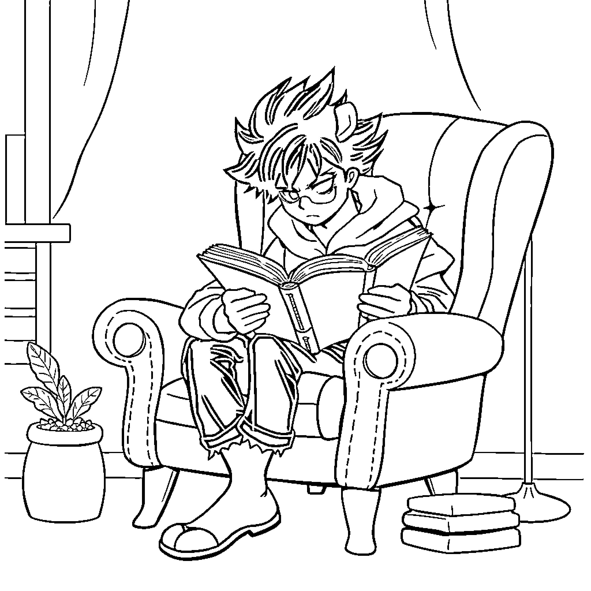 Pantalone reading book comfortably in armchair Coloring Page (free black-and-white line drawing printable PDF for all, from beginners to advanced learners, including children, teens, adults, and seniors)