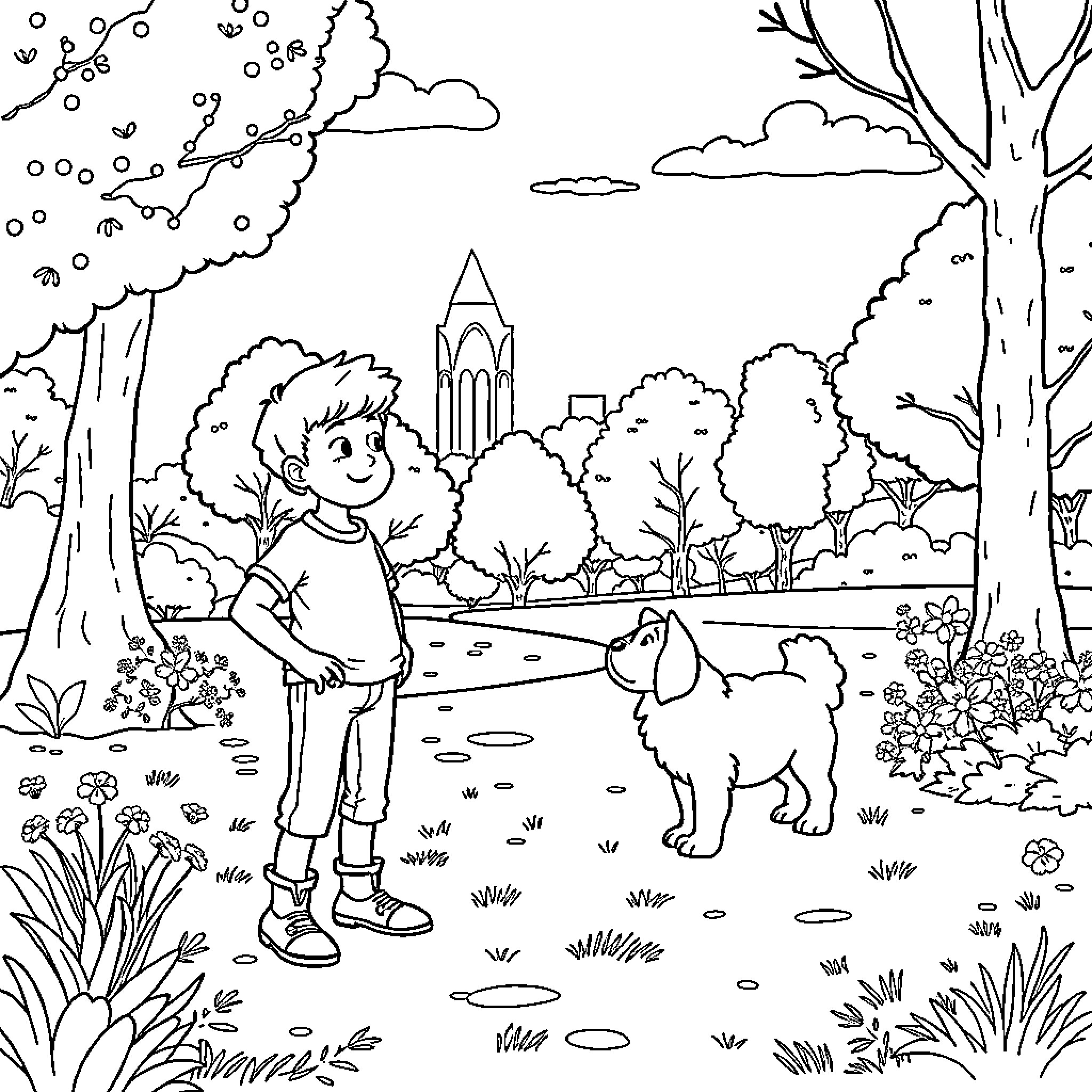 Fifi's Outdoor Adventure with His Canine Companion Coloring Page (free black-and-white line drawing printable PDF for all, from beginners to advanced learners, including children, teens, adults, and seniors)