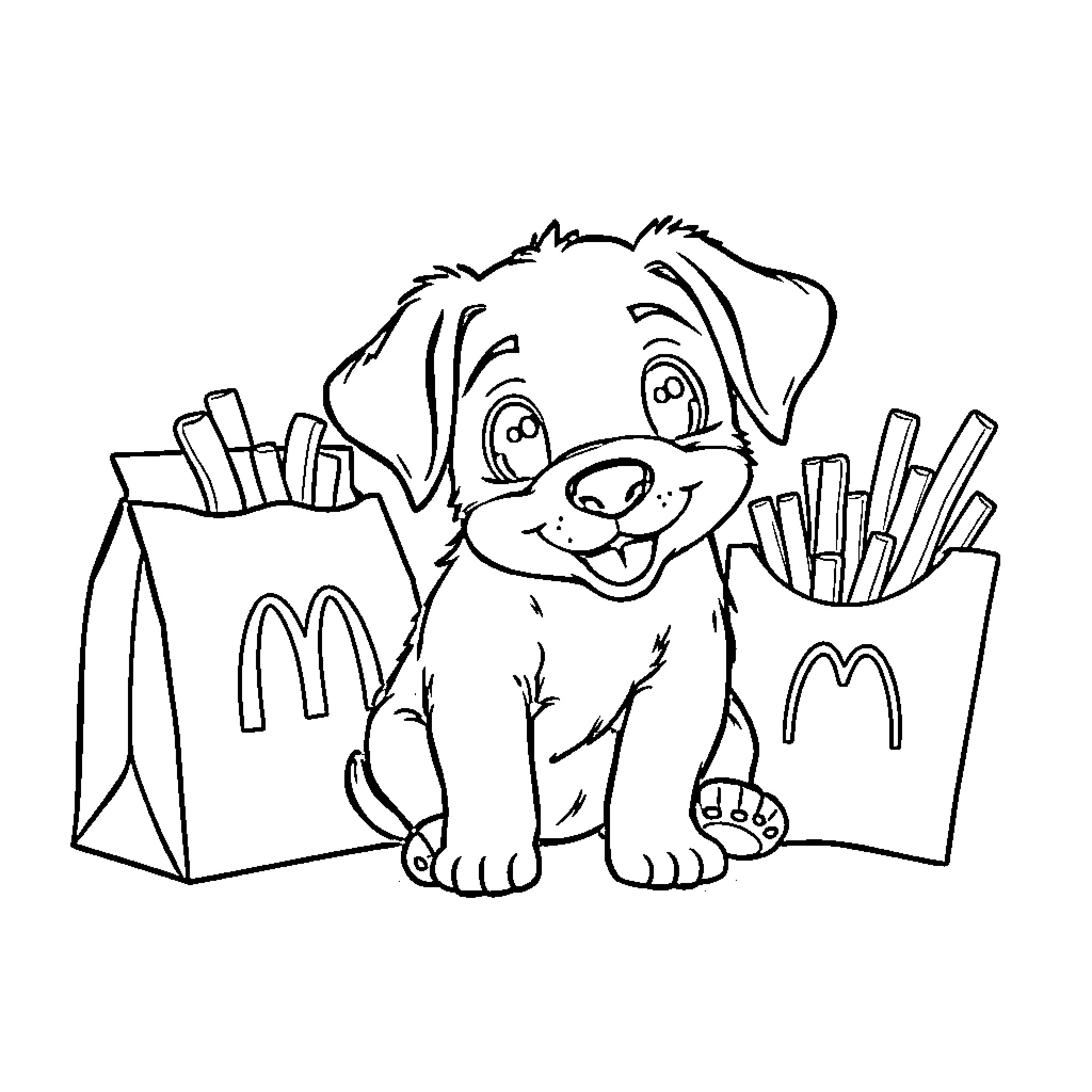 Puppy enjoying McDonald's treats Coloring Page (free black-and-white line drawing printable PDF for all, from beginners to advanced learners, including children, teens, adults, and seniors)