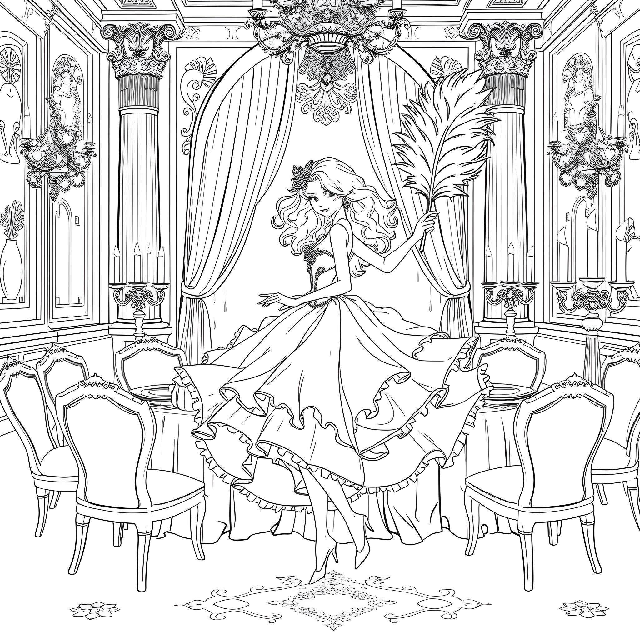 Babette's Enchanting Ballroom Dance Coloring Page (free black-and-white line drawing printable PDF for all, from beginners to advanced learners, including children, teens, adults, and seniors)
