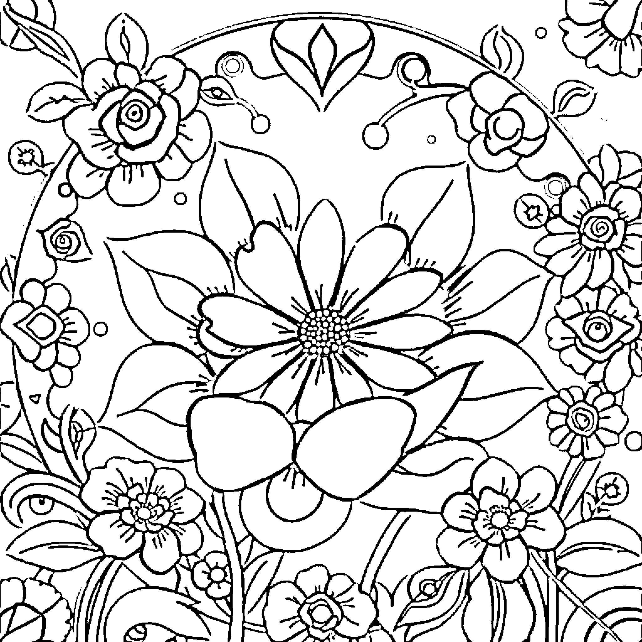 PDF Floral Pattern of Abstract Flowers Coloring Page (free black-and-white line drawing printable PDF for all, from beginners to advanced learners, including children, teens, adults, and seniors)