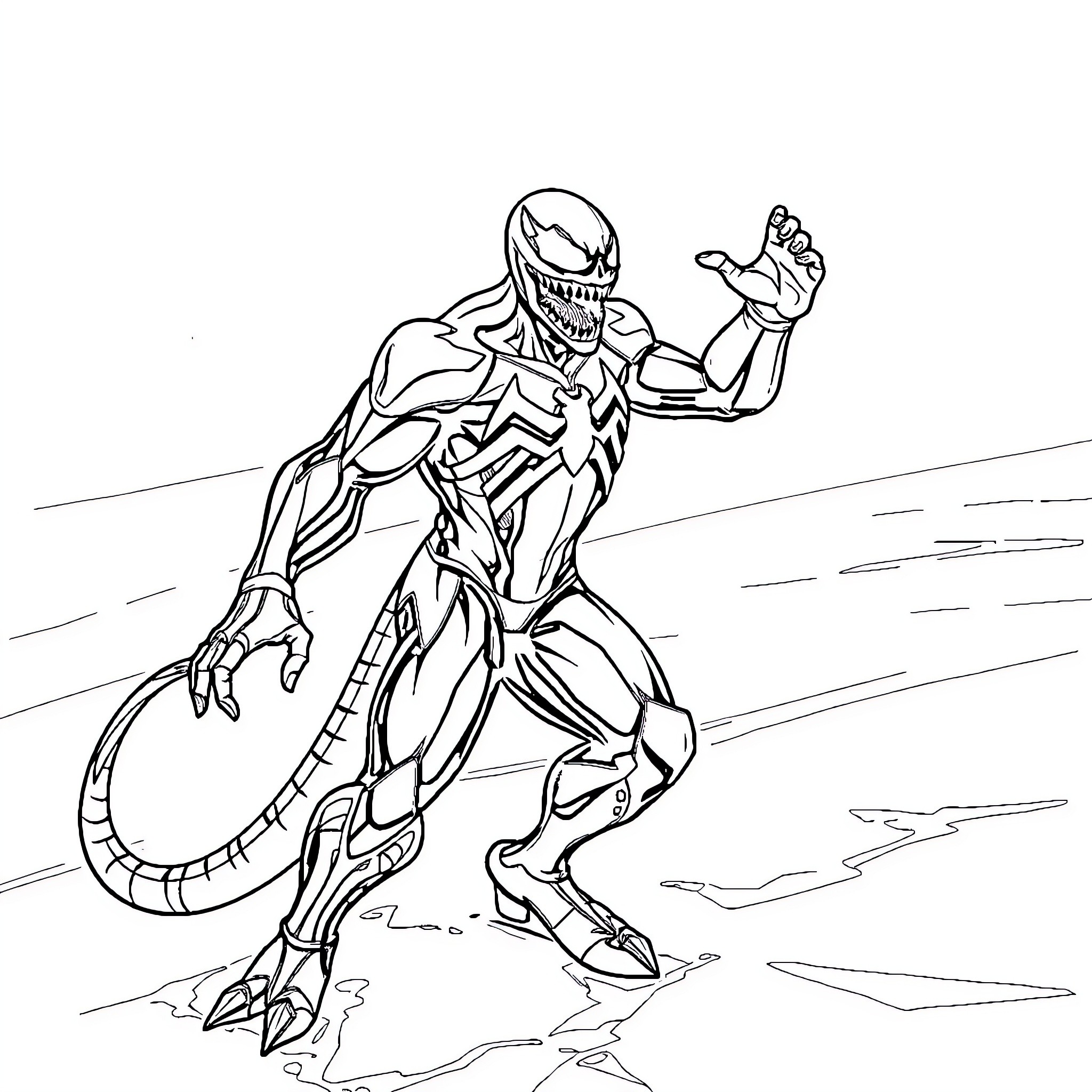 Venom Unleashed: Symbiote Transformation in Action Coloring Page (free black-and-white line drawing printable PDF for all, from beginners to advanced learners, including children, teens, adults, and seniors)