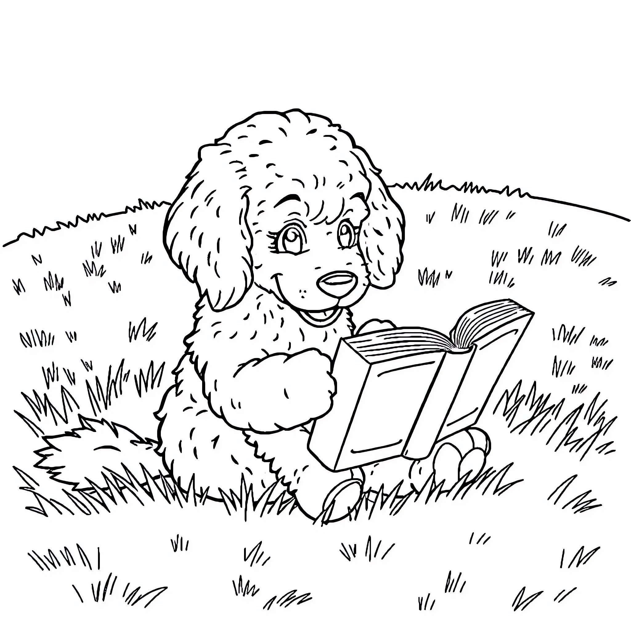 Doodle of a dog reading book in the meadow Coloring Page (free black-and-white line drawing printable PDF for all, from beginners to advanced learners, including children, teens, adults, and seniors)