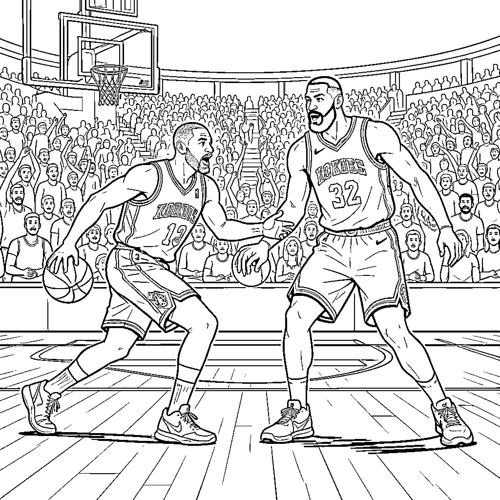 Kobe Bryant era basketball players competing on the court Coloring Page (free black-and-white line drawing printable PDF for all, from beginners to advanced learners, including children, teens, adults, and seniors)