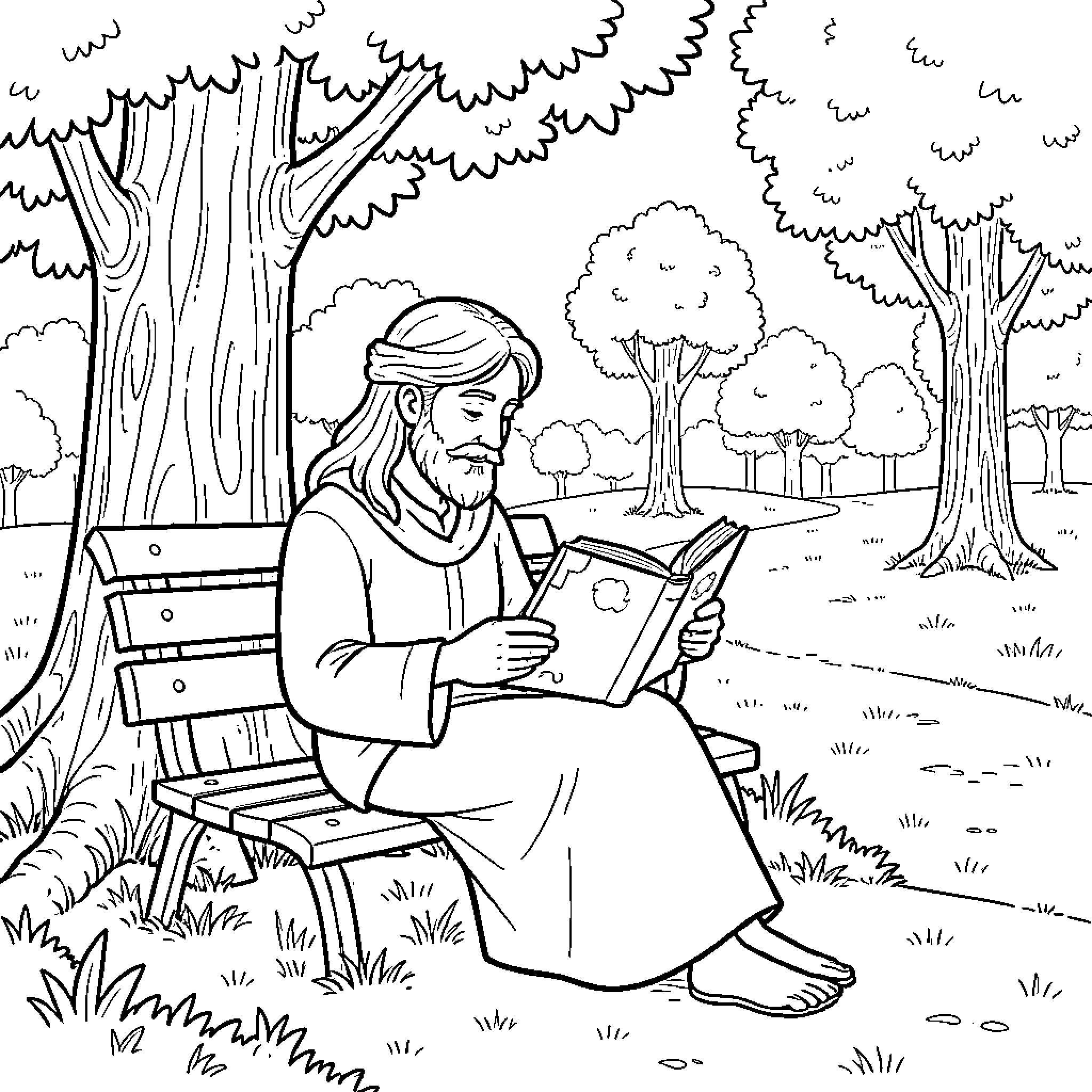 Christian man reading a book in a tranquil forest Coloring Page (free black-and-white line drawing printable PDF for all, from beginners to advanced learners, including children, teens, adults, and seniors)