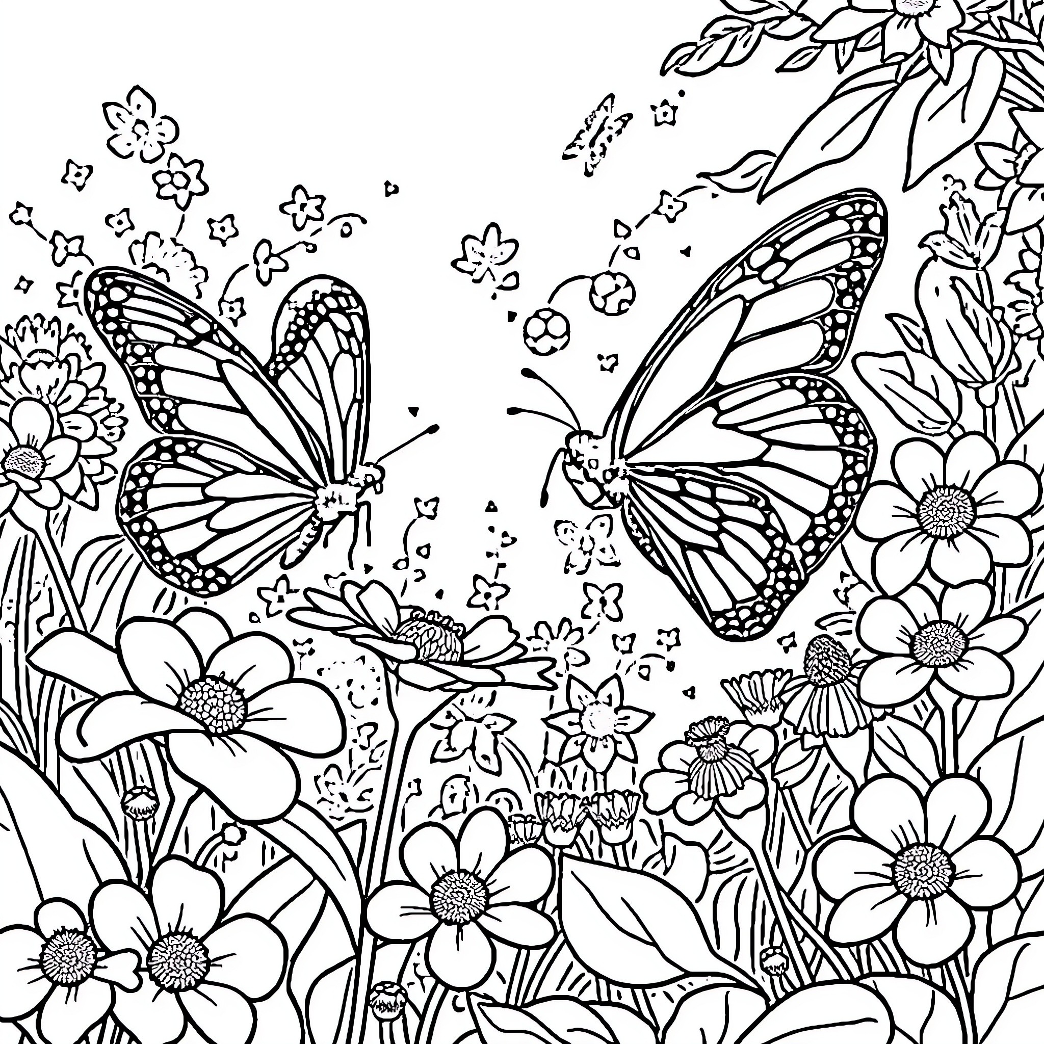 Butterfly Blossoms and Nature's Wonder Coloring Page (free black-and-white line drawing printable PDF for all, from beginners to advanced learners, including children, teens, adults, and seniors)