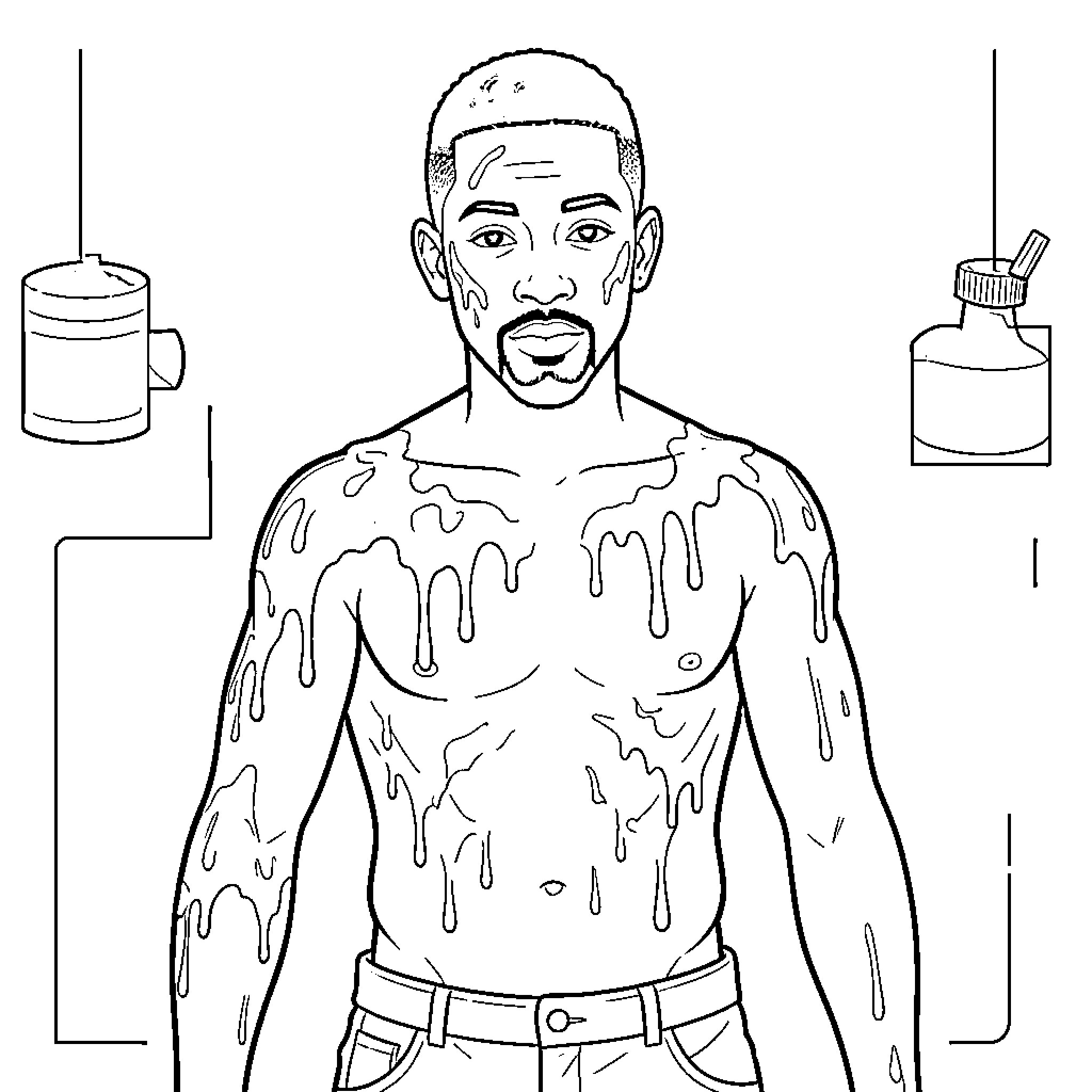 Diddy standing shirtless with liquid dripping on skin Coloring Page (free black-and-white line drawing printable PDF for all, from beginners to advanced learners, including children, teens, adults, and seniors)