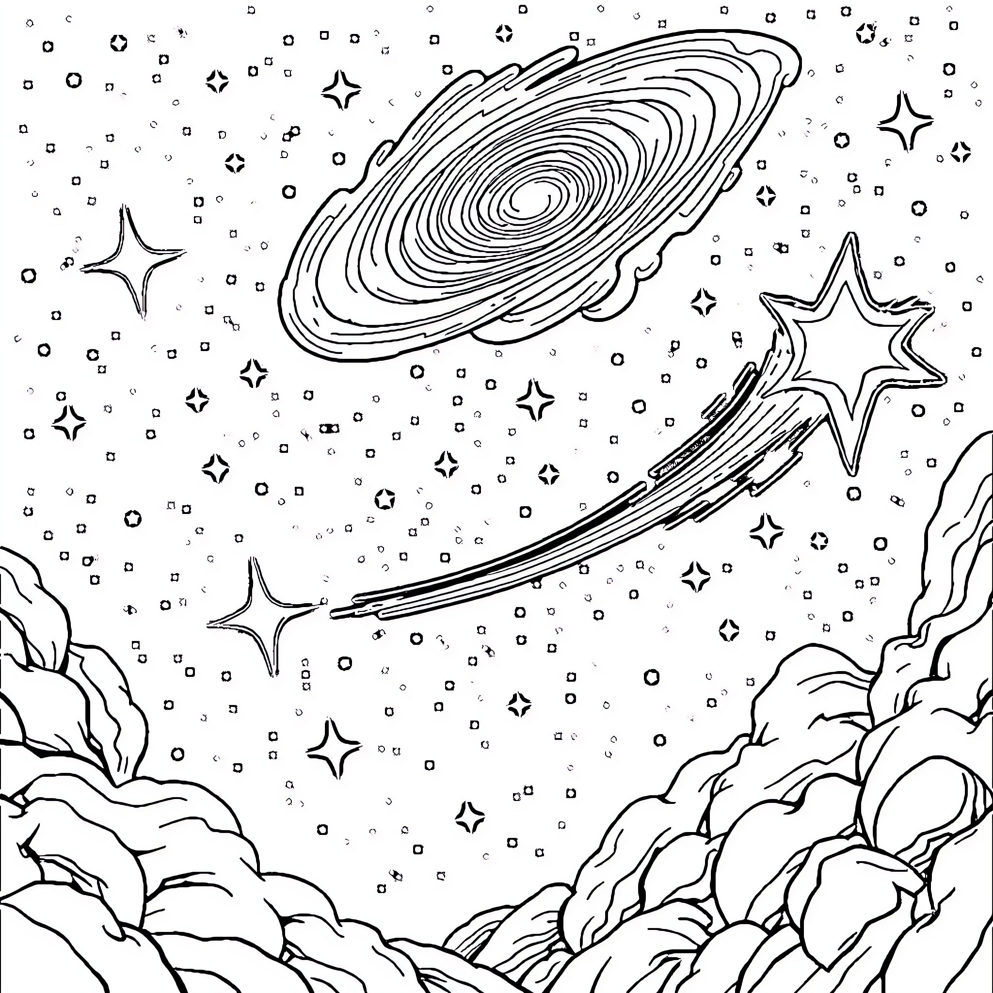 Stick figures explore the cosmic landscape Coloring Page (free black-and-white line drawing printable PDF for all, from beginners to advanced learners, including children, teens, adults, and seniors)