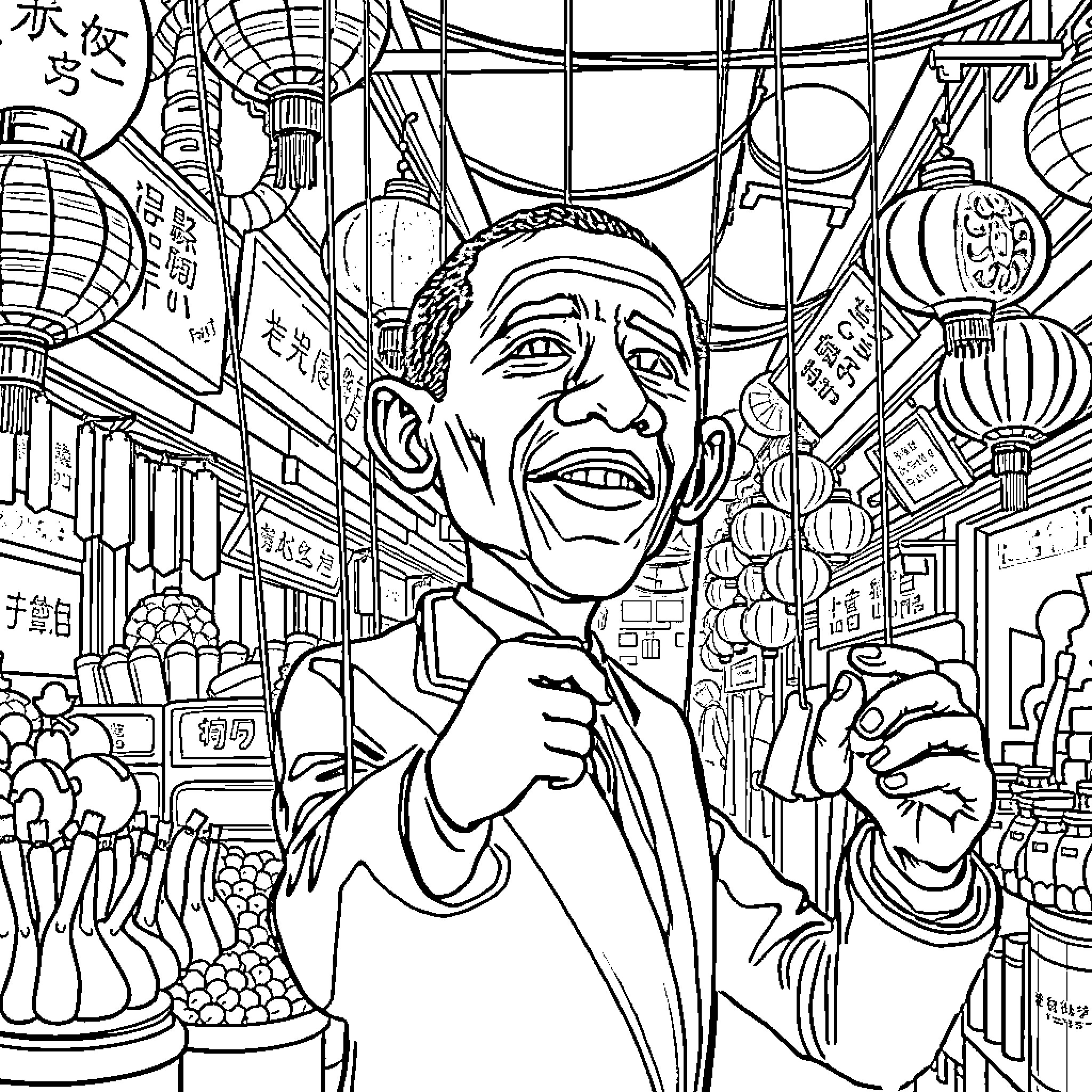 Obama exploring a vibrant Chinese market Coloring Page (free black-and-white line drawing printable PDF for all, from beginners to advanced learners, including children, teens, adults, and seniors)