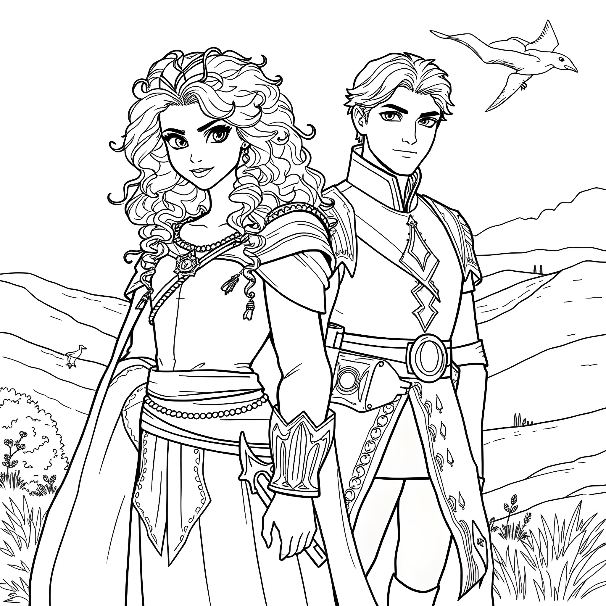 Merida and Brave Archer in Adventurous Wilderness Coloring Page (free black-and-white line drawing printable PDF for all, from beginners to advanced learners, including children, teens, adults, and seniors)