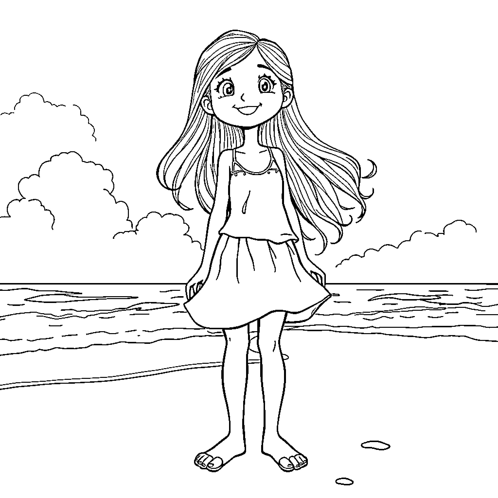 Girl enjoying the beach on a sunny day Coloring Page (free black-and-white line drawing printable PDF for all, from beginners to advanced learners, including children, teens, adults, and seniors)