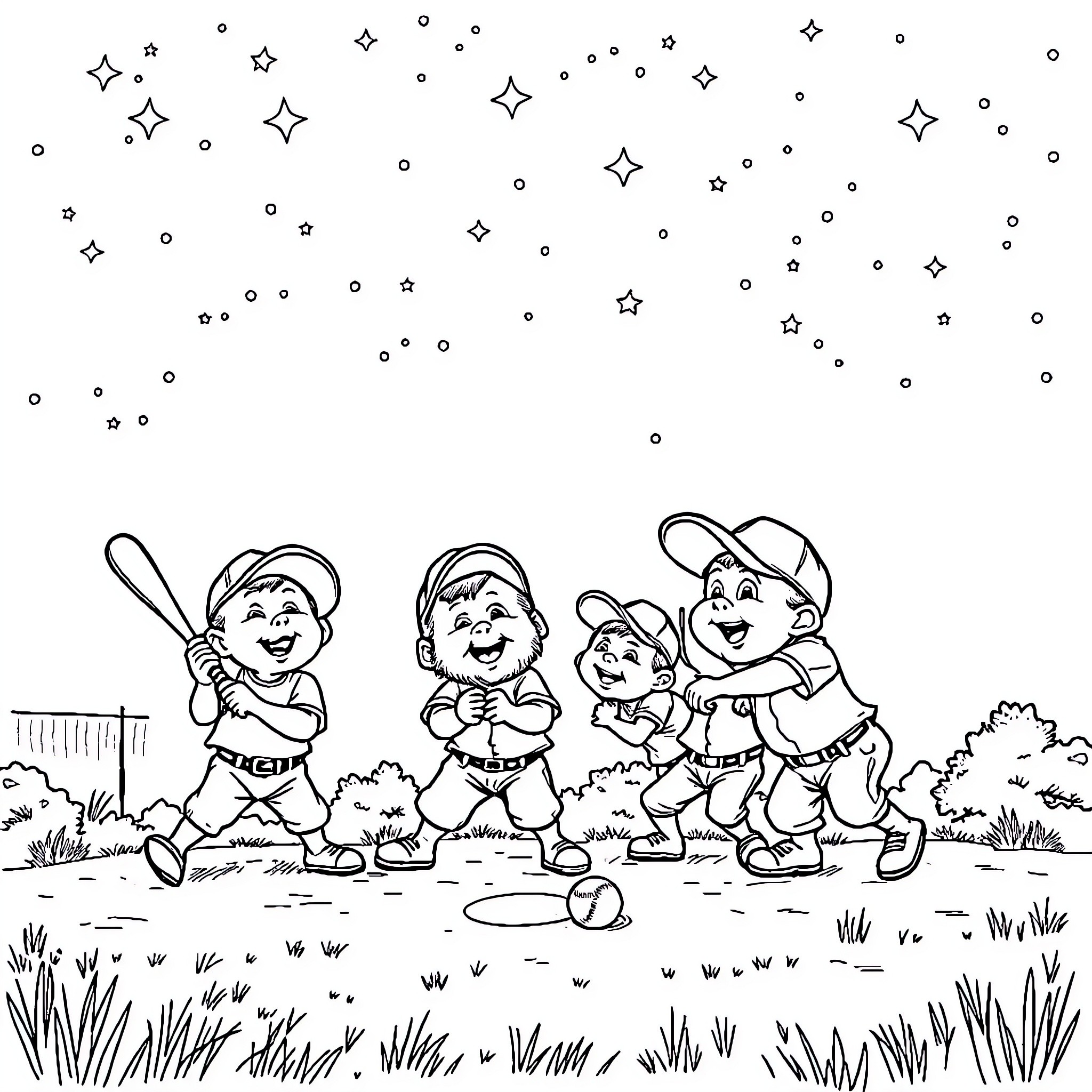 Midget baseball players enjoying outdoor game Coloring Page (free black-and-white line drawing printable PDF for all, from beginners to advanced learners, including children, teens, adults, and seniors)