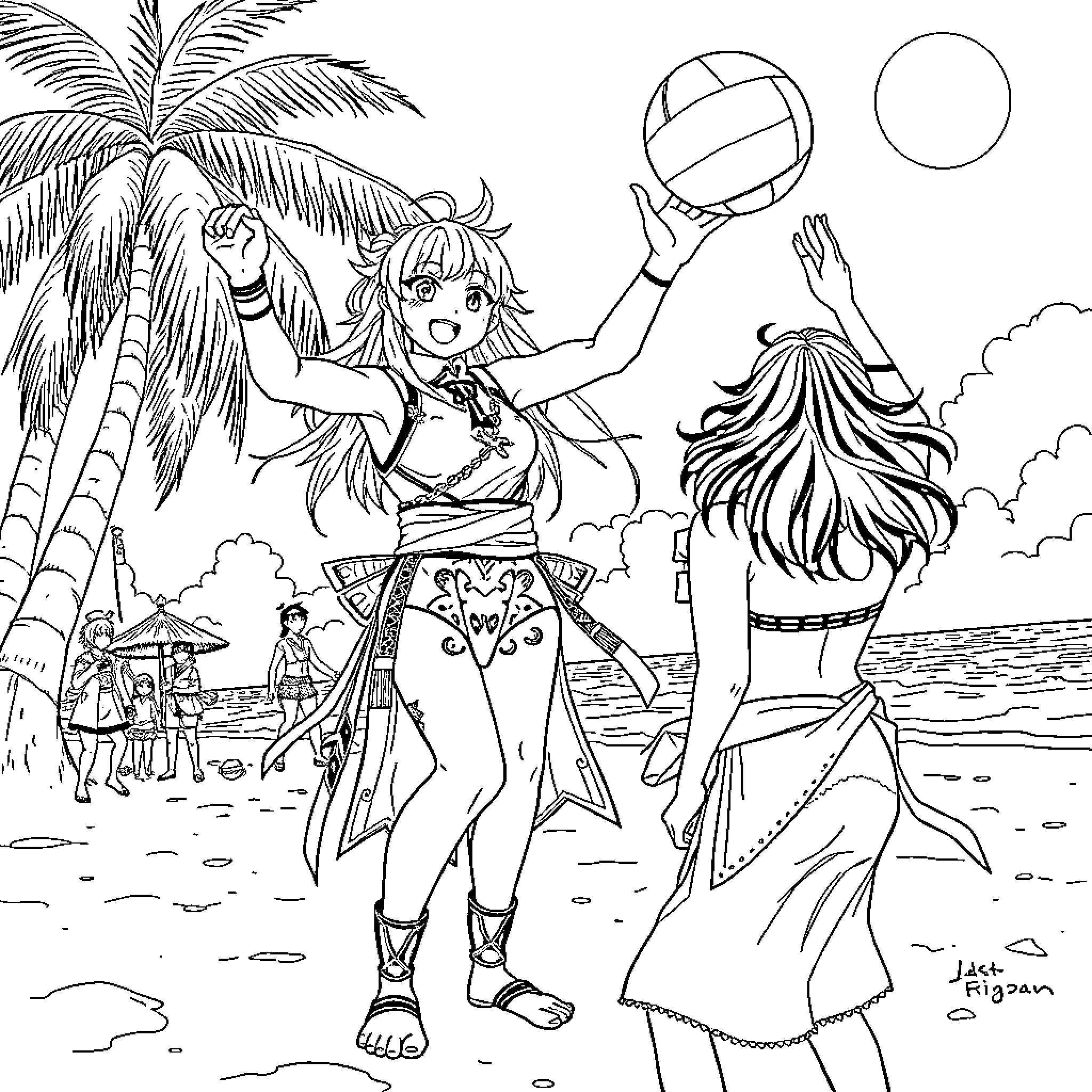 Raiden Shogun Enjoying Beach Activities with Friends Coloring Page (free black-and-white line drawing printable PDF for all, from beginners to advanced learners, including children, teens, adults, and seniors)