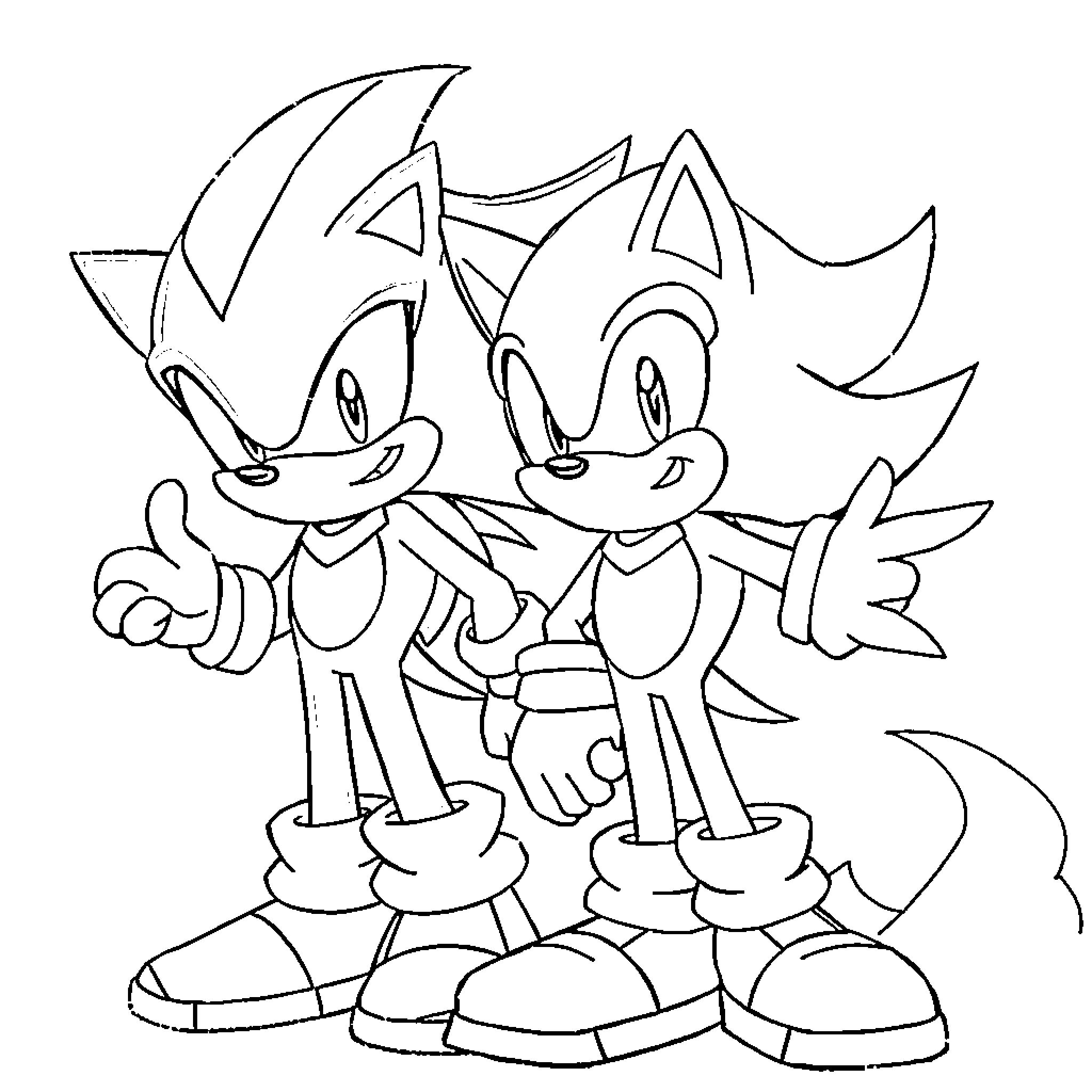 Sonic characters posing playfully Coloring Page (free black-and-white line drawing printable PDF for all, from beginners to advanced learners, including children, teens, adults, and seniors)