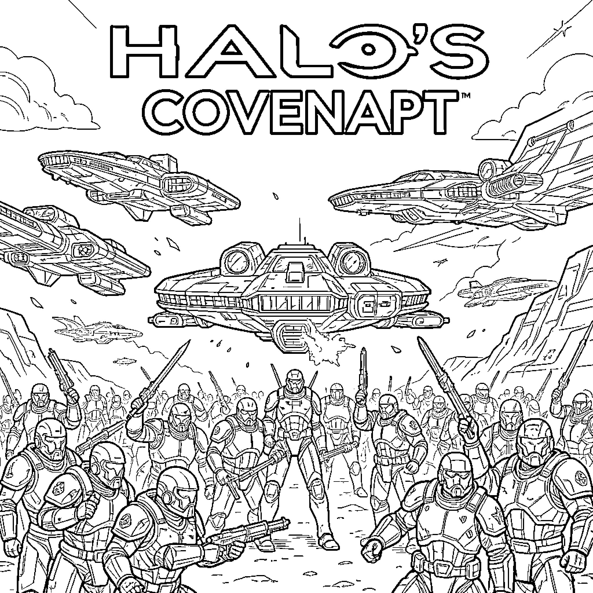 Covenant fleet and soldiers advancing through a landscape Coloring Page (free black-and-white line drawing printable PDF for all, from beginners to advanced learners, including children, teens, adults, and seniors)