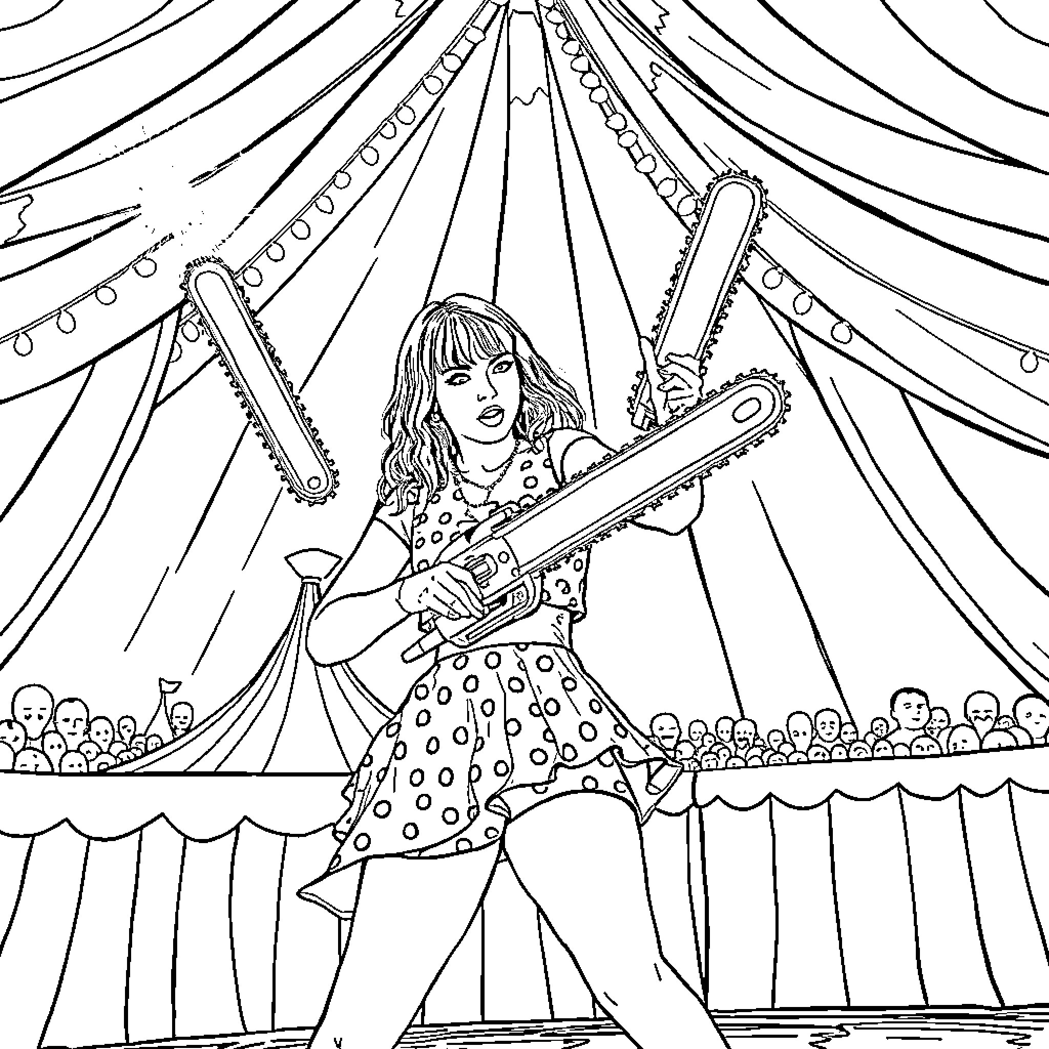 Taylor Swift performing on stage with her guitar Coloring Page (free black-and-white line drawing printable PDF for all, from beginners to advanced learners, including children, teens, adults, and seniors)