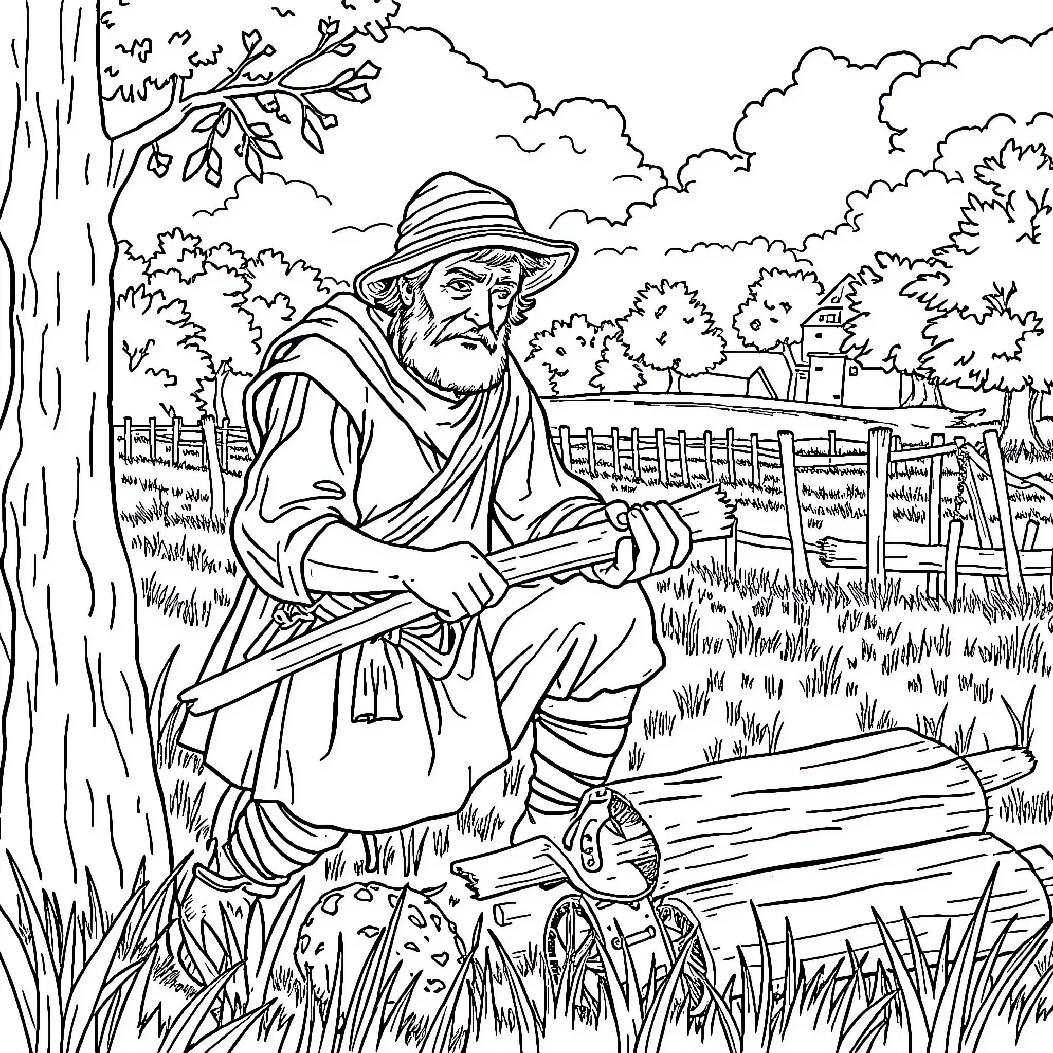 Peasant farmer working in the countryside Coloring Page (free black-and-white line drawing printable PDF for all, from beginners to advanced learners, including children, teens, adults, and seniors)