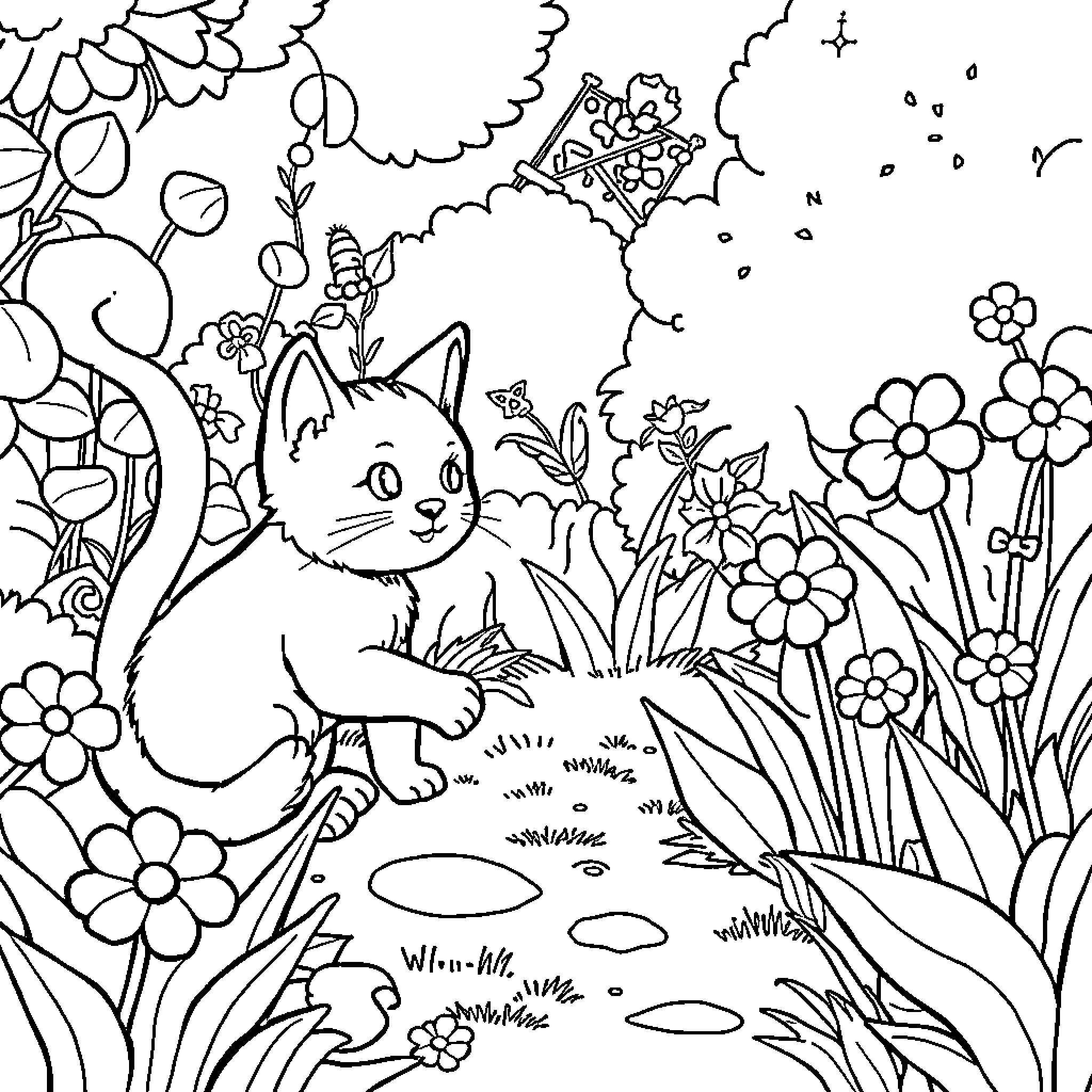 Cat exploring a whimsical floral garden Coloring Page (free black-and-white line drawing printable PDF for all, from beginners to advanced learners, including children, teens, adults, and seniors)