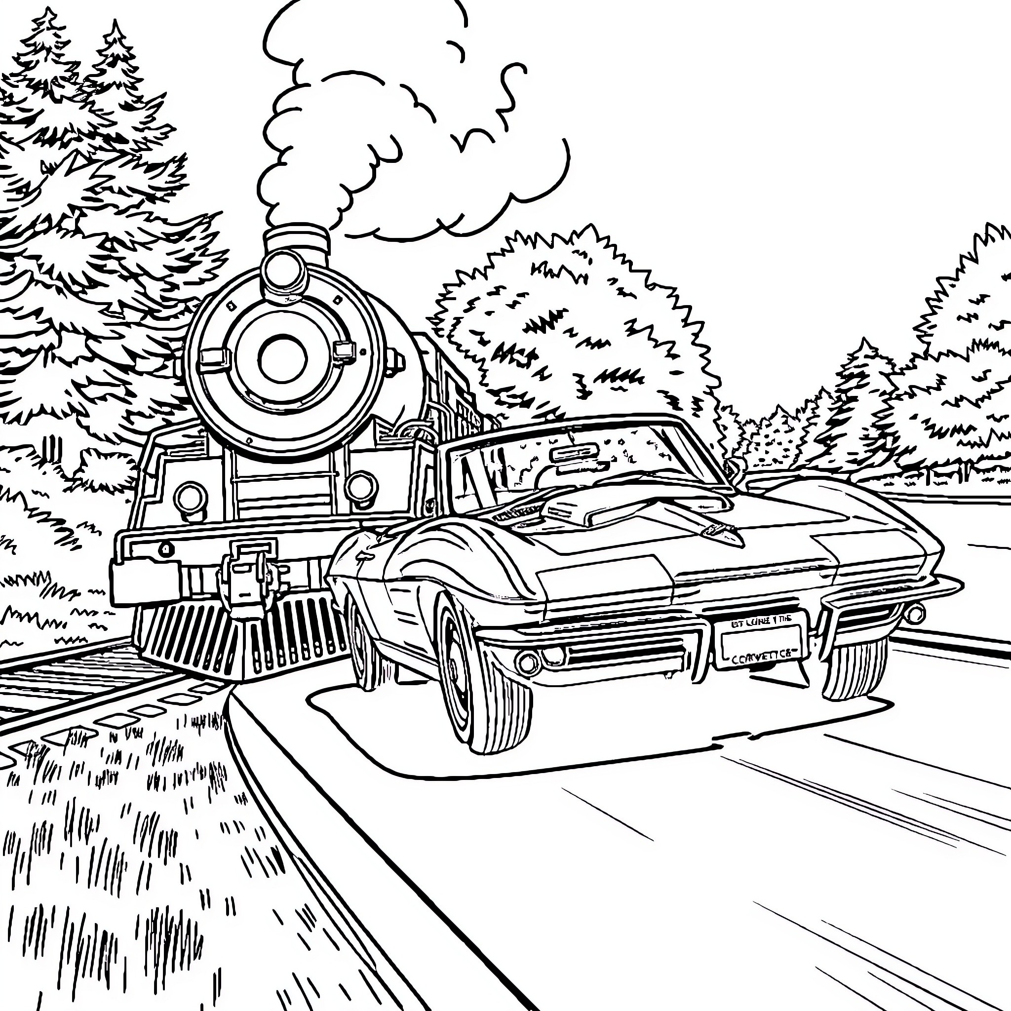 Train steaming through the forested landscape Coloring Page (free black-and-white line drawing printable PDF for all, from beginners to advanced learners, including children, teens, adults, and seniors)