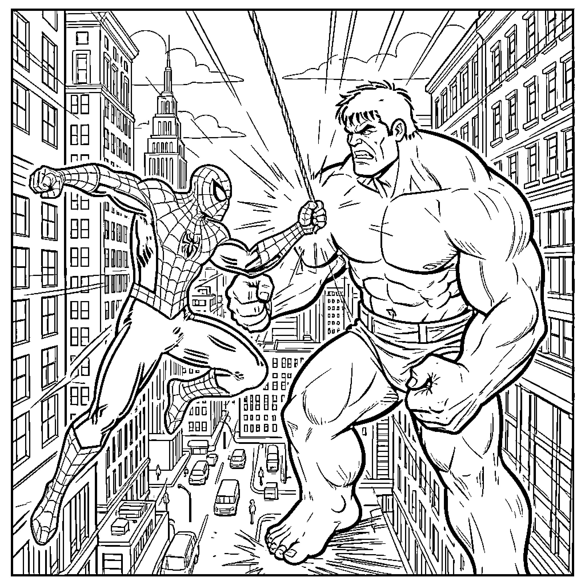 Spiderman battling a muscular superhero in the city Coloring Page (free black-and-white line drawing printable PDF for all, from beginners to advanced learners, including children, teens, adults, and seniors)