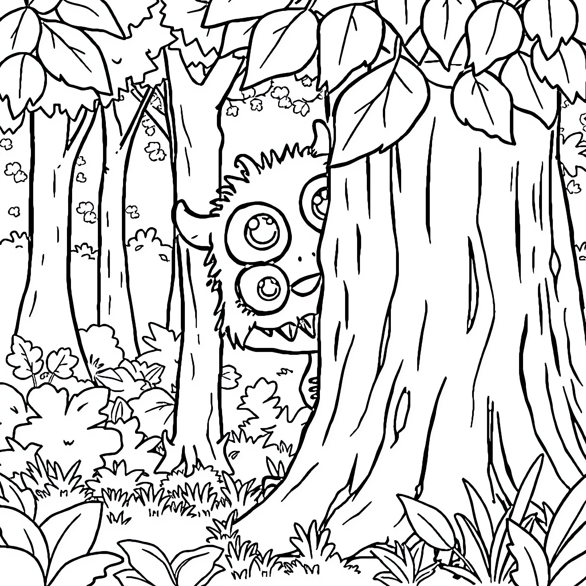 Monster peeks out from the forest foliage Coloring Page (free black-and-white line drawing printable PDF for all, from beginners to advanced learners, including children, teens, adults, and seniors)