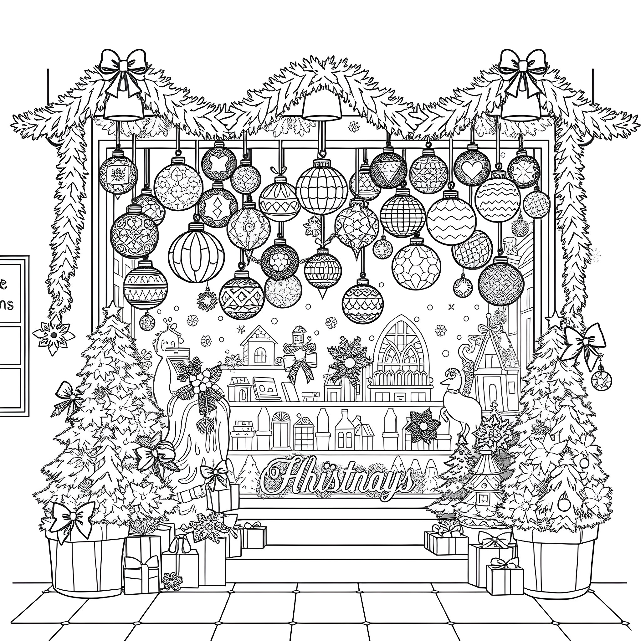Ornament-filled festive scene with holiday decorations Coloring Page (free black-and-white line drawing printable PDF for all, from beginners to advanced learners, including children, teens, adults, and seniors)