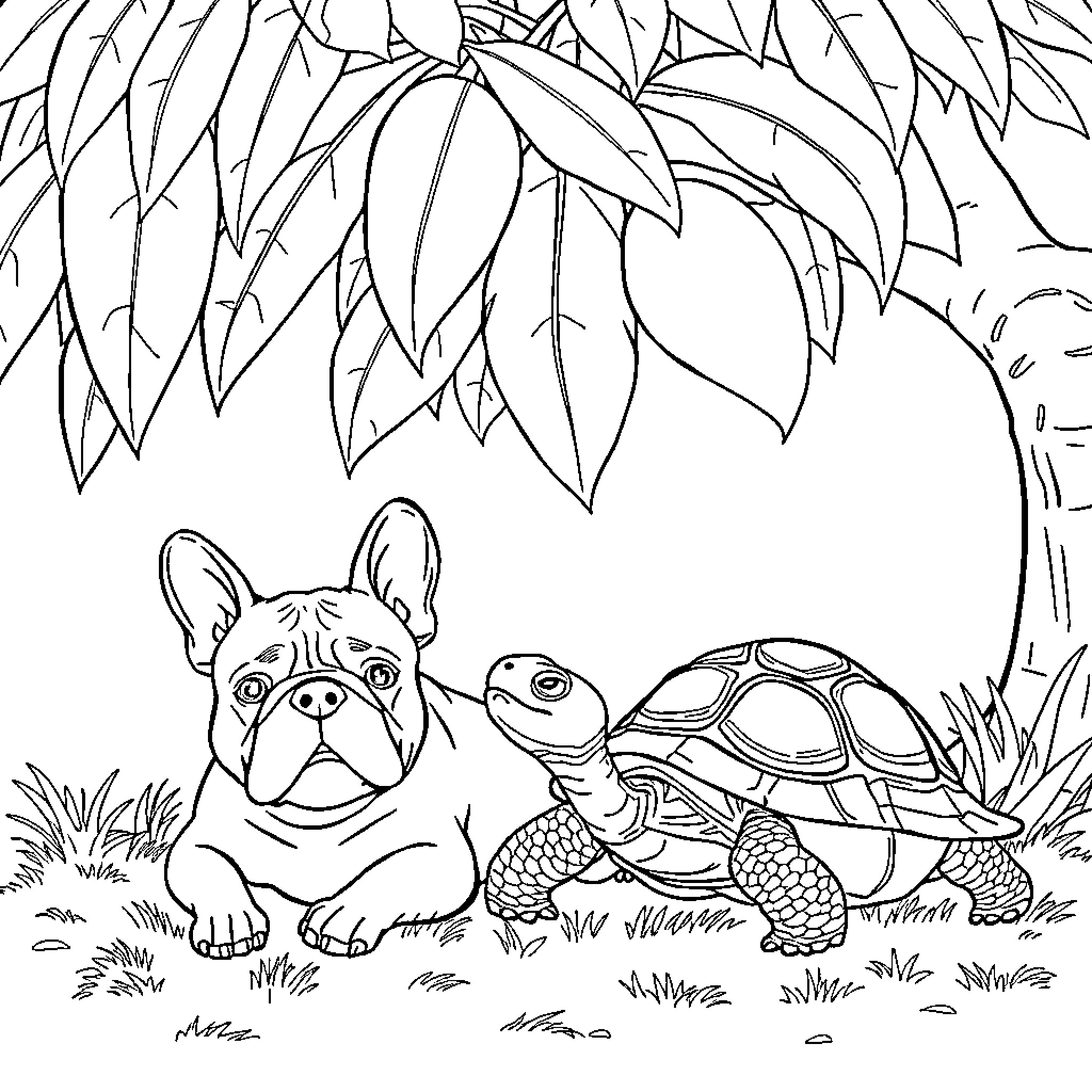 French Bulldog and Turtle Exploring the Outdoors Coloring Page (free black-and-white line drawing printable PDF for all, from beginners to advanced learners, including children, teens, adults, and seniors)