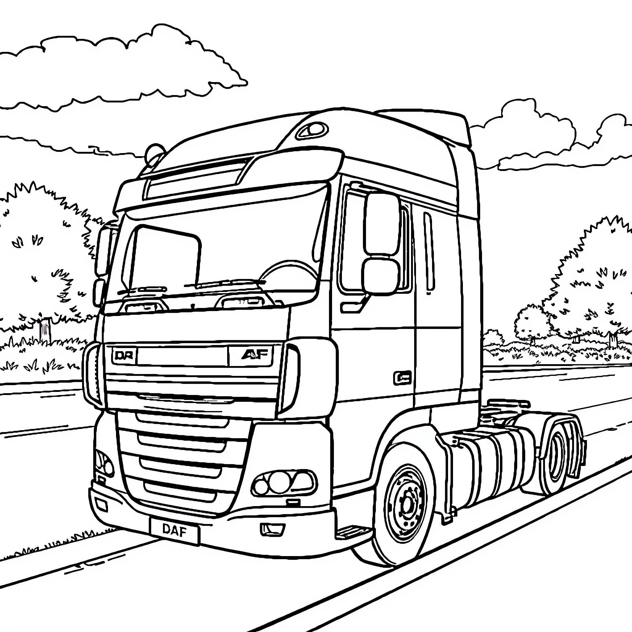 DAF Truck on the open road Coloring Page (free black-and-white line drawing printable PDF for all, from beginners to advanced learners, including children, teens, adults, and seniors)