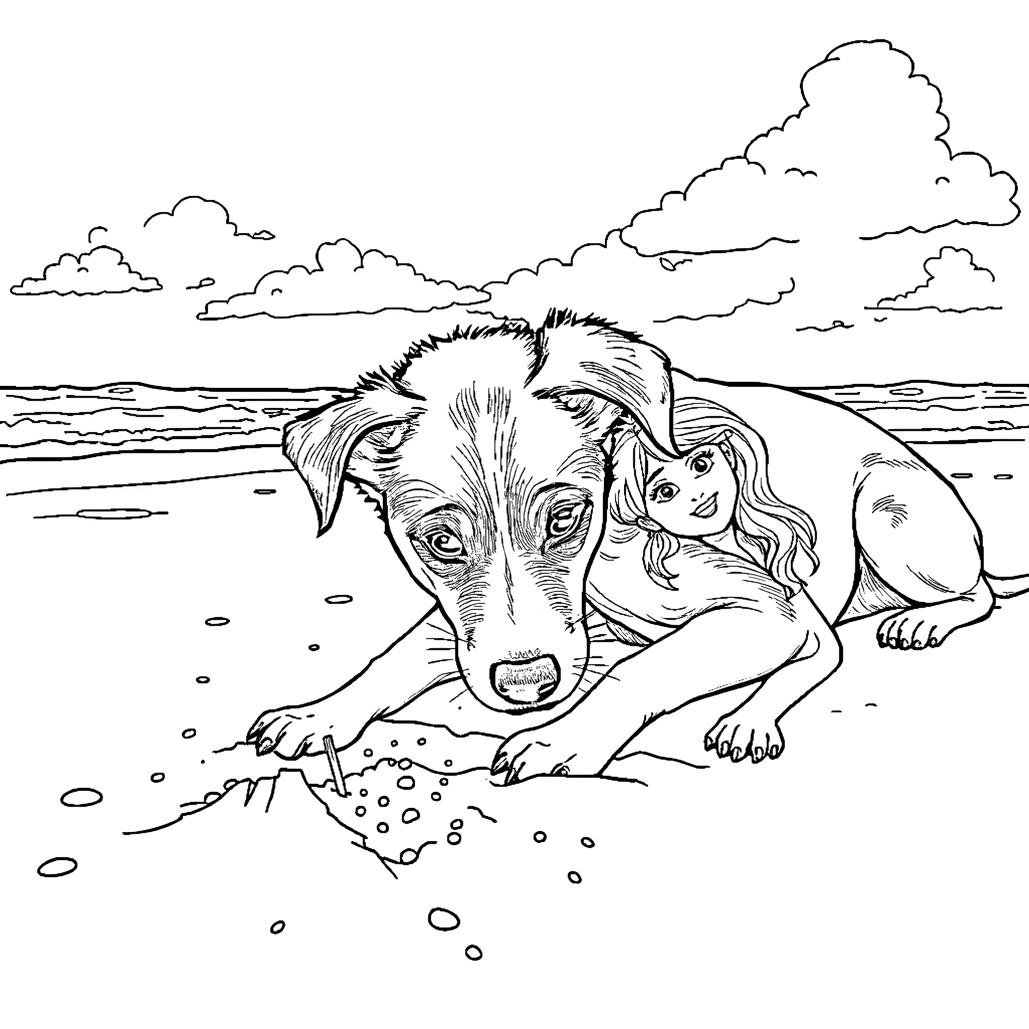 Dog enjoying the beach on a cloudy day Coloring Page (free black-and-white line drawing printable PDF for all, from beginners to advanced learners, including children, teens, adults, and seniors)