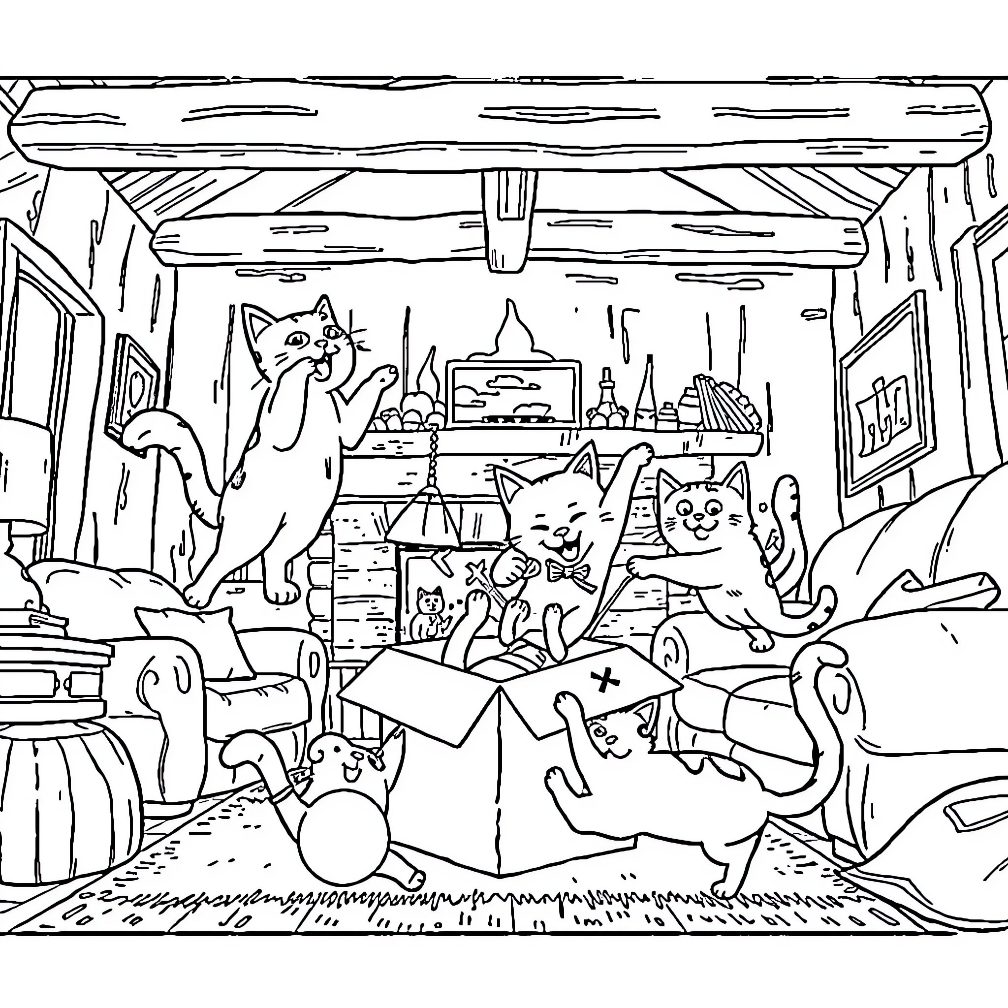 Cat Exploring Cozy Home Interior Coloring Page (free black-and-white line drawing printable PDF for all, from beginners to advanced learners, including children, teens, adults, and seniors)