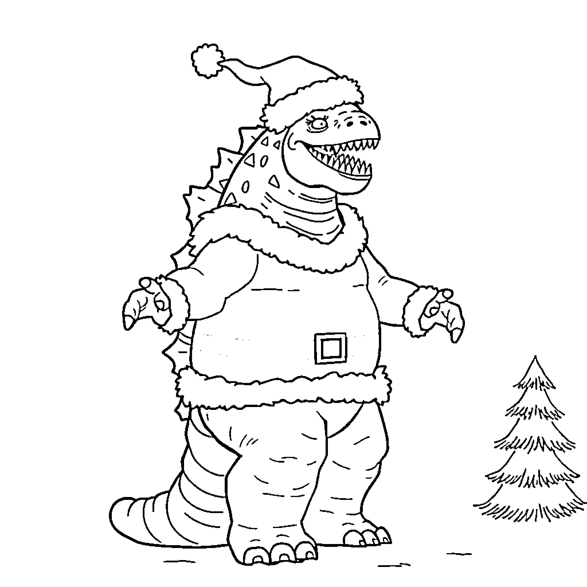 Godzilla in a festive Santa outfit Coloring Page (free black-and-white line drawing printable PDF for all, from beginners to advanced learners, including children, teens, adults, and seniors)