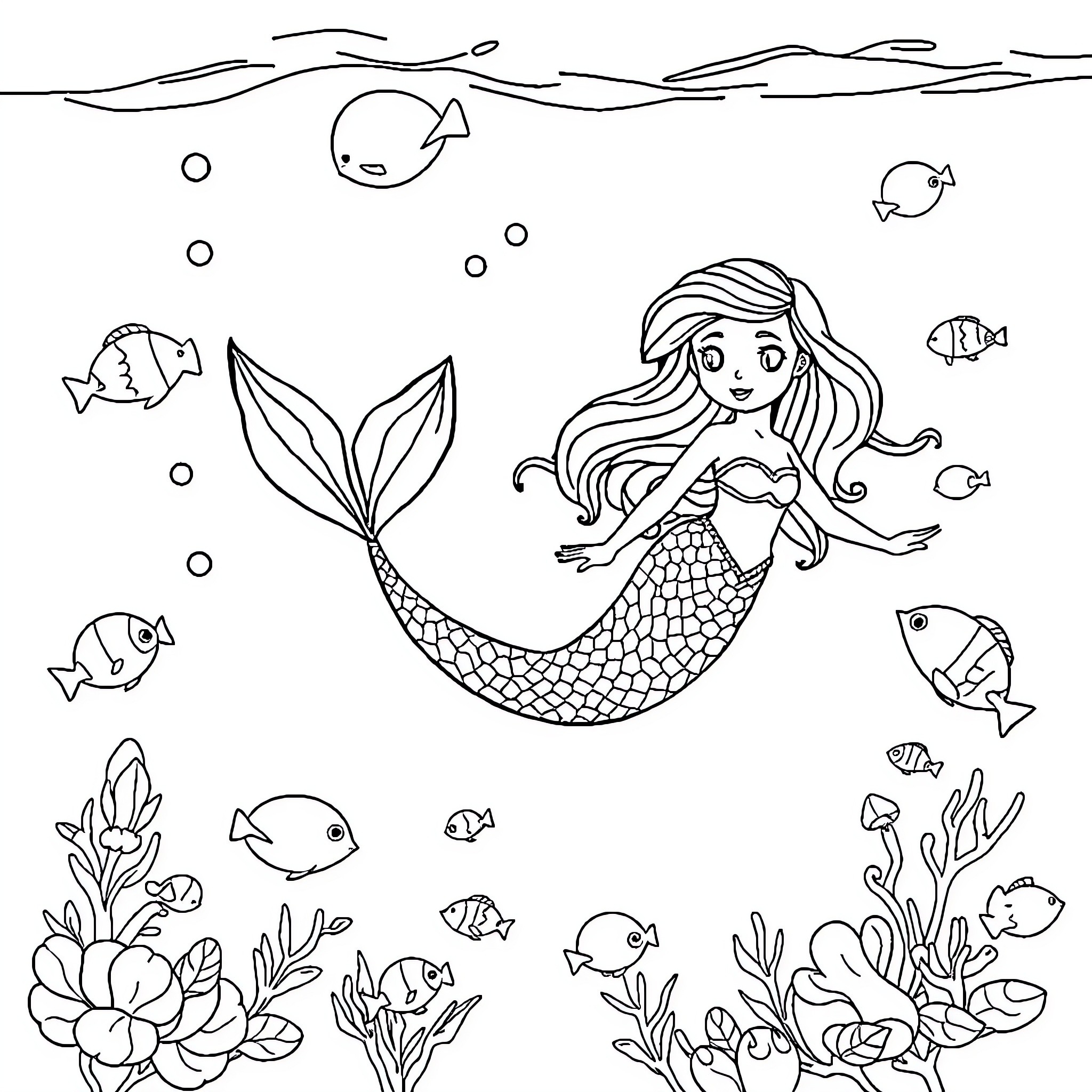 Mermaid swimming gracefully amidst underwater sea life Coloring Page (free black-and-white line drawing printable PDF for all, from beginners to advanced learners, including children, teens, adults, and seniors)