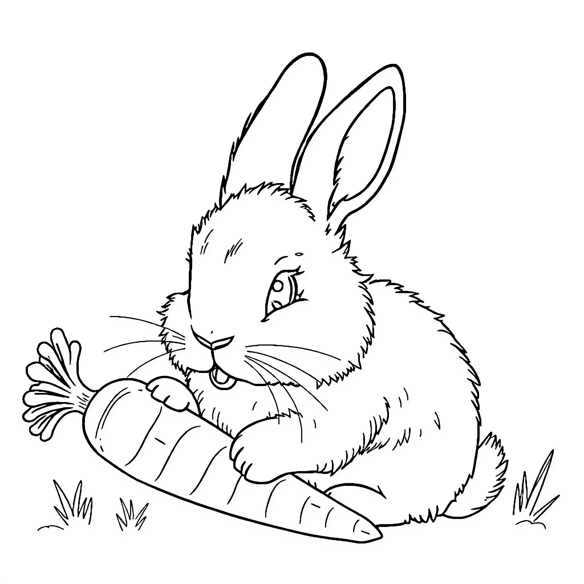 Rabbit nibbling on a carrot in the grass Coloring Page (free black-and-white line drawing printable PDF for all, from beginners to advanced learners, including children, teens, adults, and seniors)