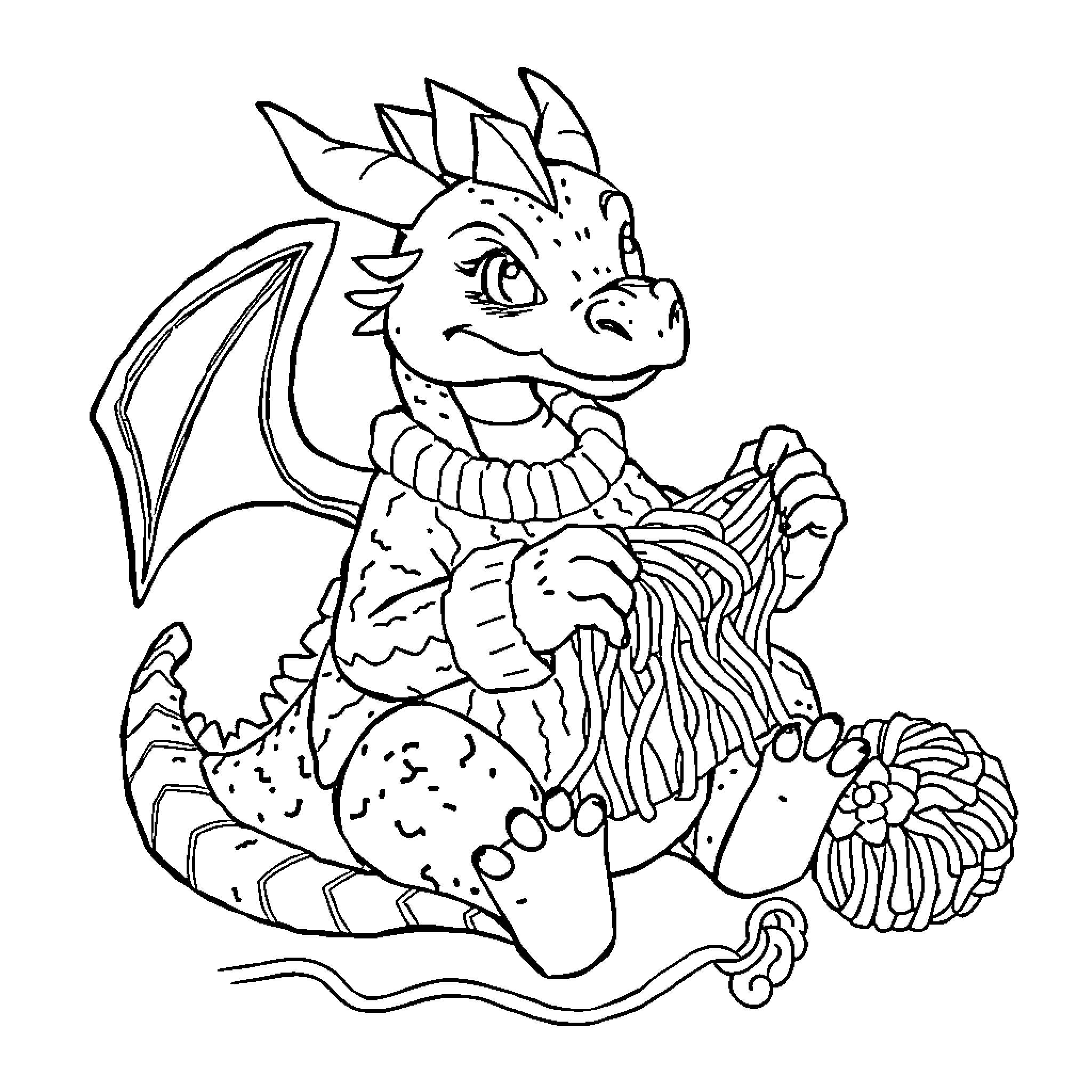 Dragon with Curious Expressions and Intricate Patterns Coloring Page (free black-and-white line drawing printable PDF for all, from beginners to advanced learners, including children, teens, adults, and seniors)