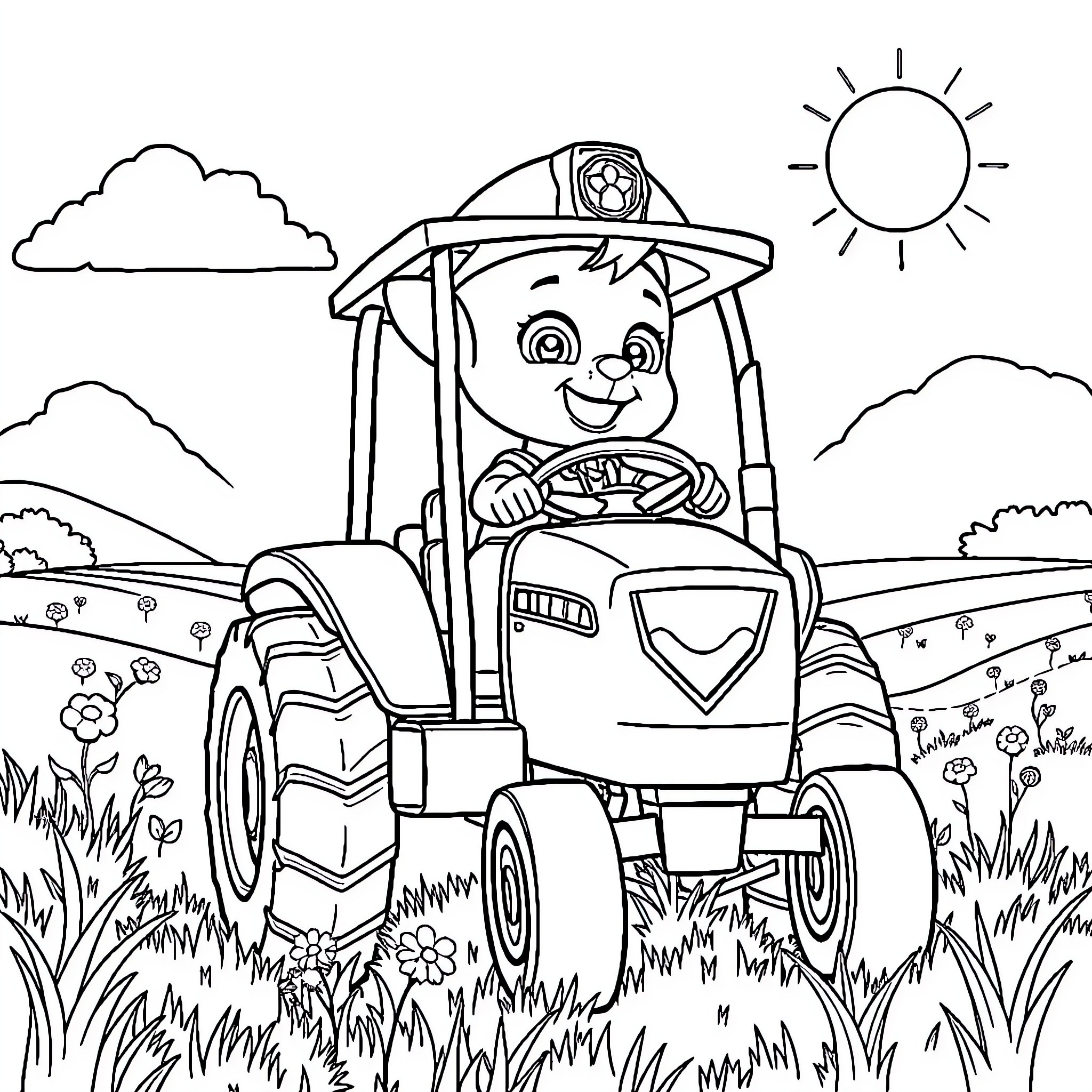 Skye driving a tractor through the countryside Coloring Page (free black-and-white line drawing printable PDF for all, from beginners to advanced learners, including children, teens, adults, and seniors)