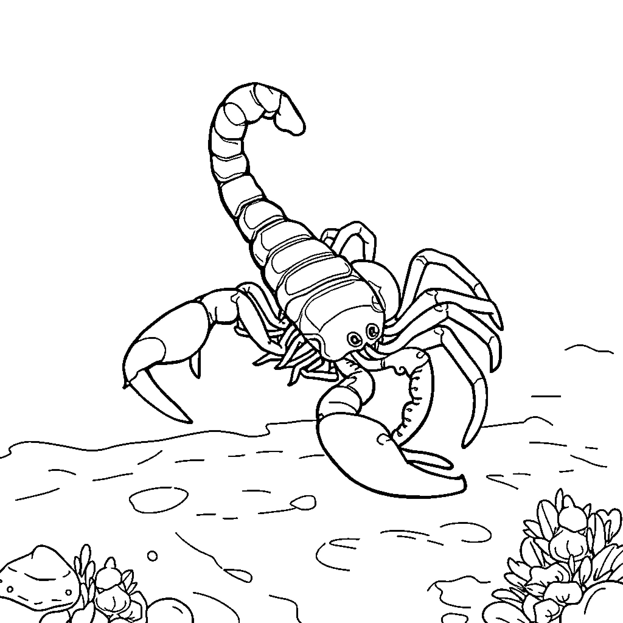 Scorpion crawling cautiously through an underwater scene Coloring Page (free black-and-white line drawing printable PDF for all, from beginners to advanced learners, including children, teens, adults, and seniors)