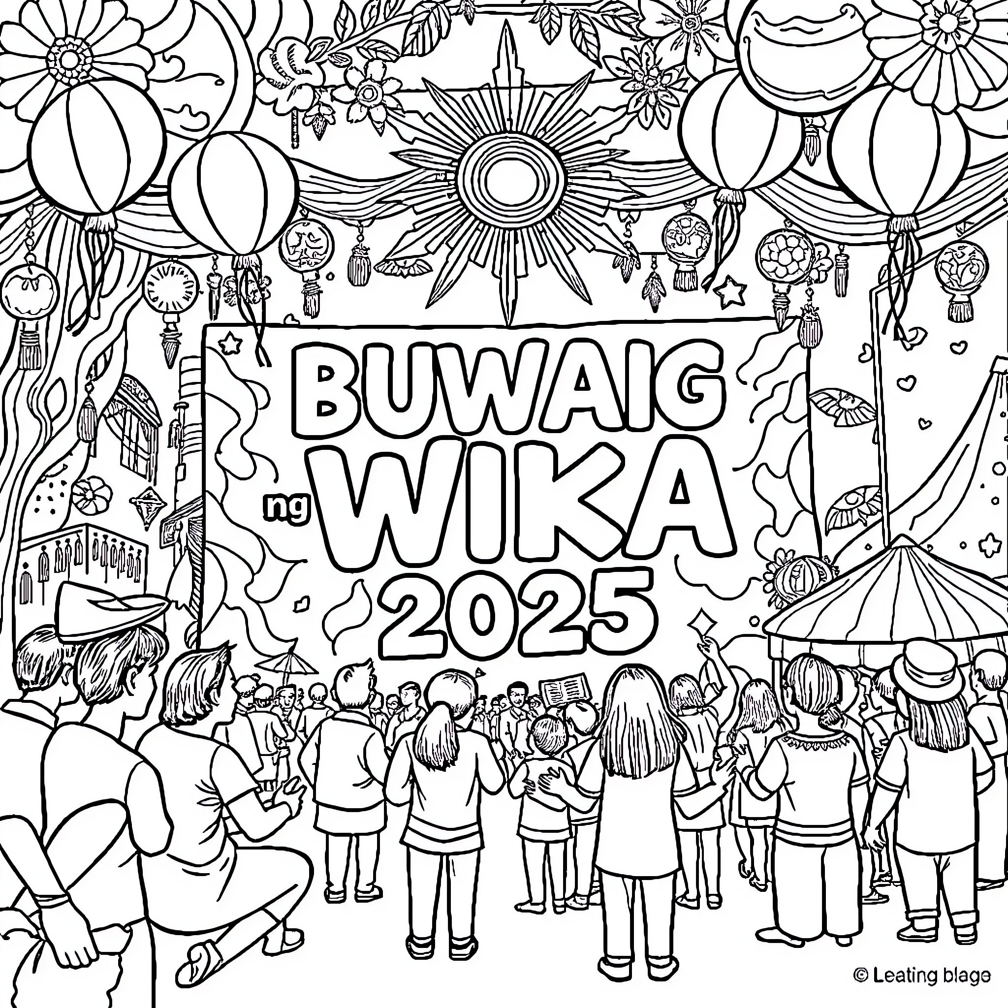 Language Month Celebration with Diverse Cultural Elements Coloring Page (free black-and-white line drawing printable PDF for all, from beginners to advanced learners, including children, teens, adults, and seniors)