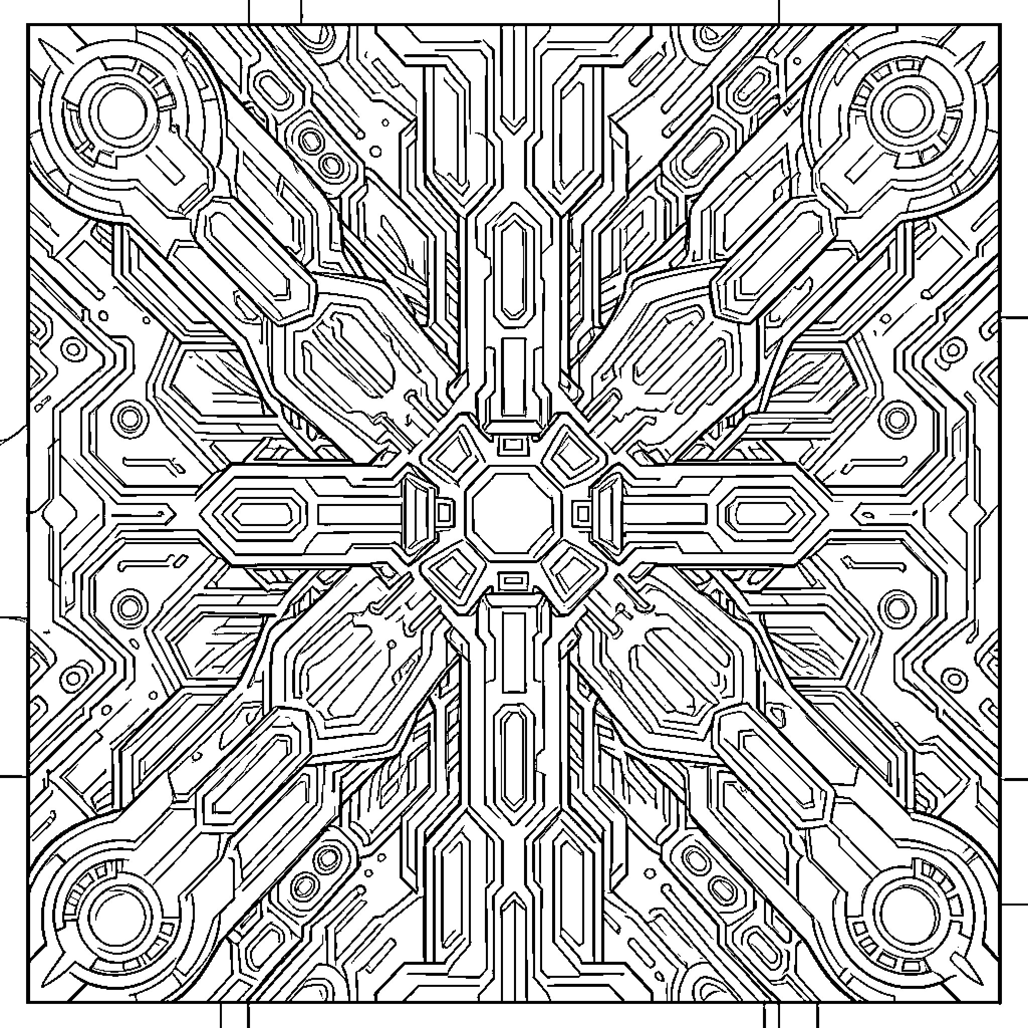 Sci-Fi intricate mechanical pattern with symmetrical geometric structures Coloring Page (free black-and-white line drawing printable PDF for all, from beginners to advanced learners, including children, teens, adults, and seniors)