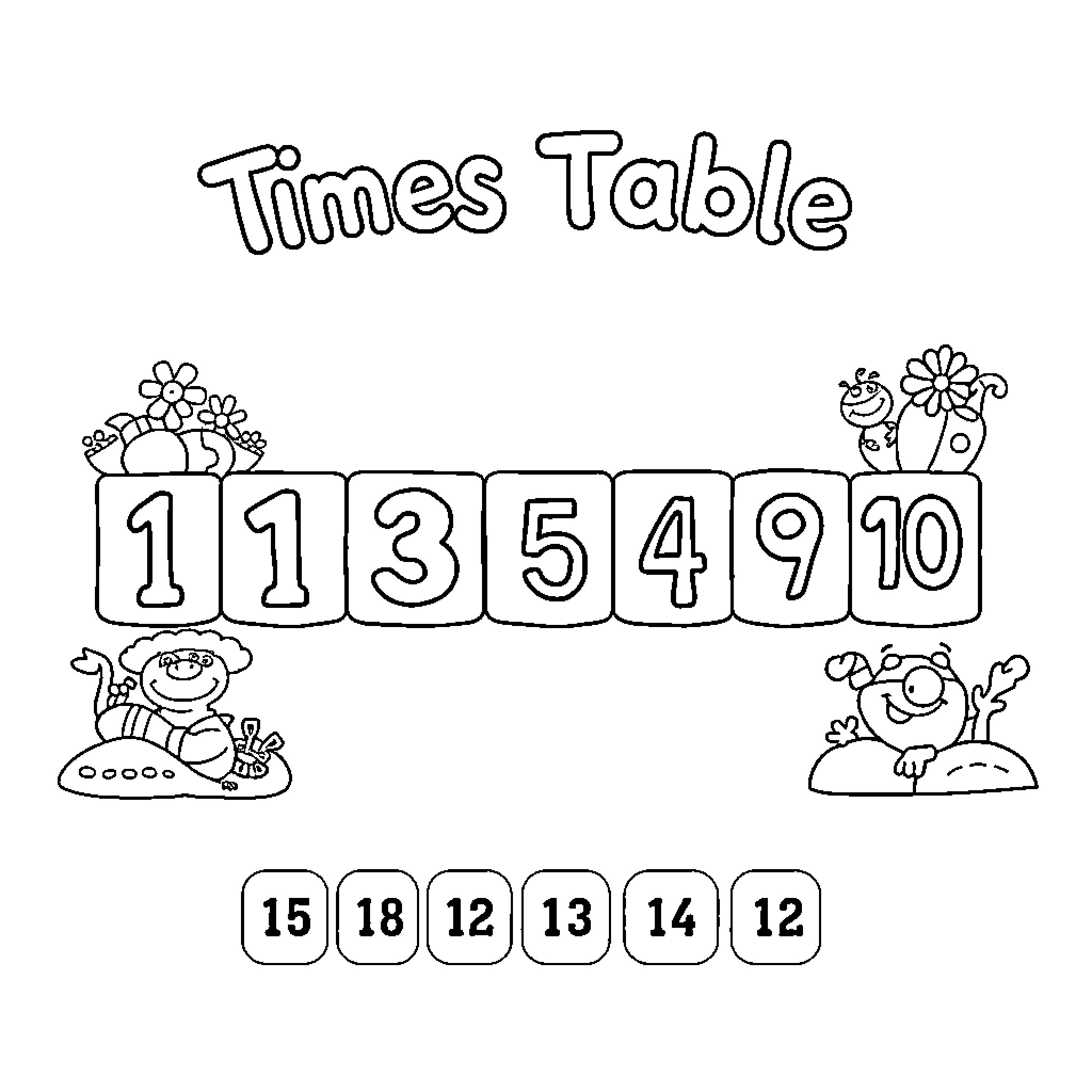 Times Table with Playful Characters Coloring Page (free black-and-white line drawing printable PDF for all, from beginners to advanced learners, including children, teens, adults, and seniors)