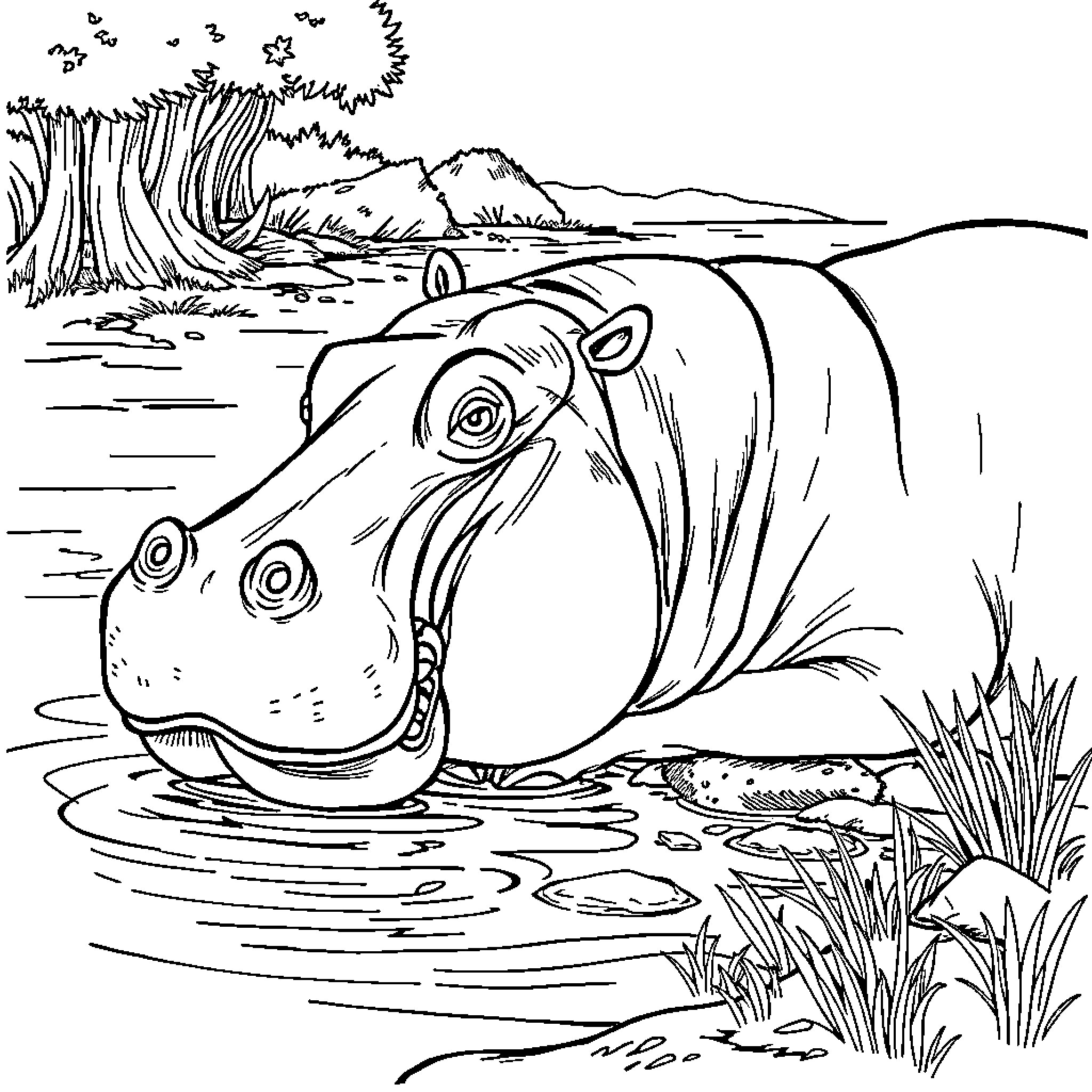 Hippo enjoying a peaceful day by the lake Coloring Page (free black-and-white line drawing printable PDF for all, from beginners to advanced learners, including children, teens, adults, and seniors)