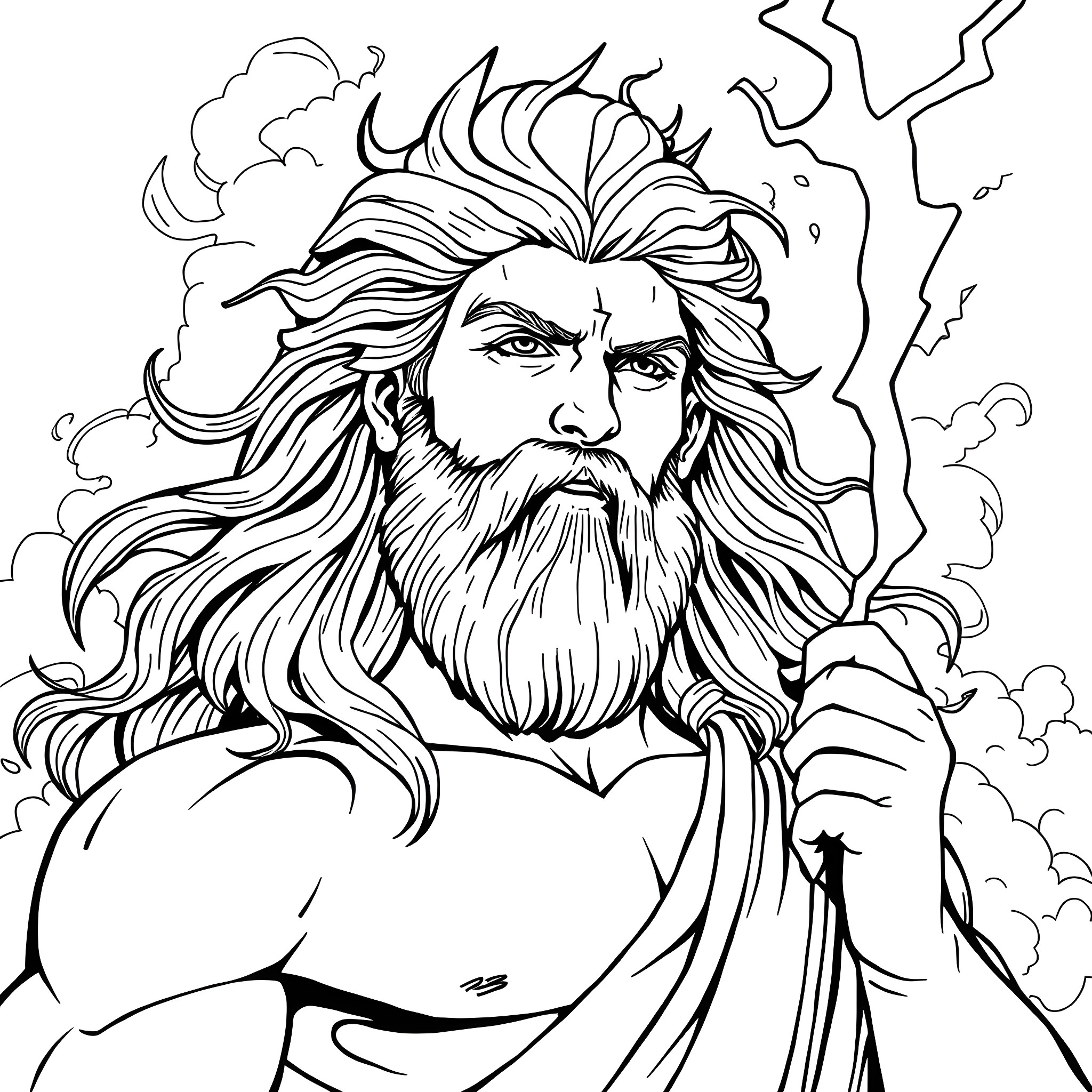 Zeus unleashing mighty lightning bolts Coloring Page (free black-and-white line drawing printable PDF for all, from beginners to advanced learners, including children, teens, adults, and seniors)